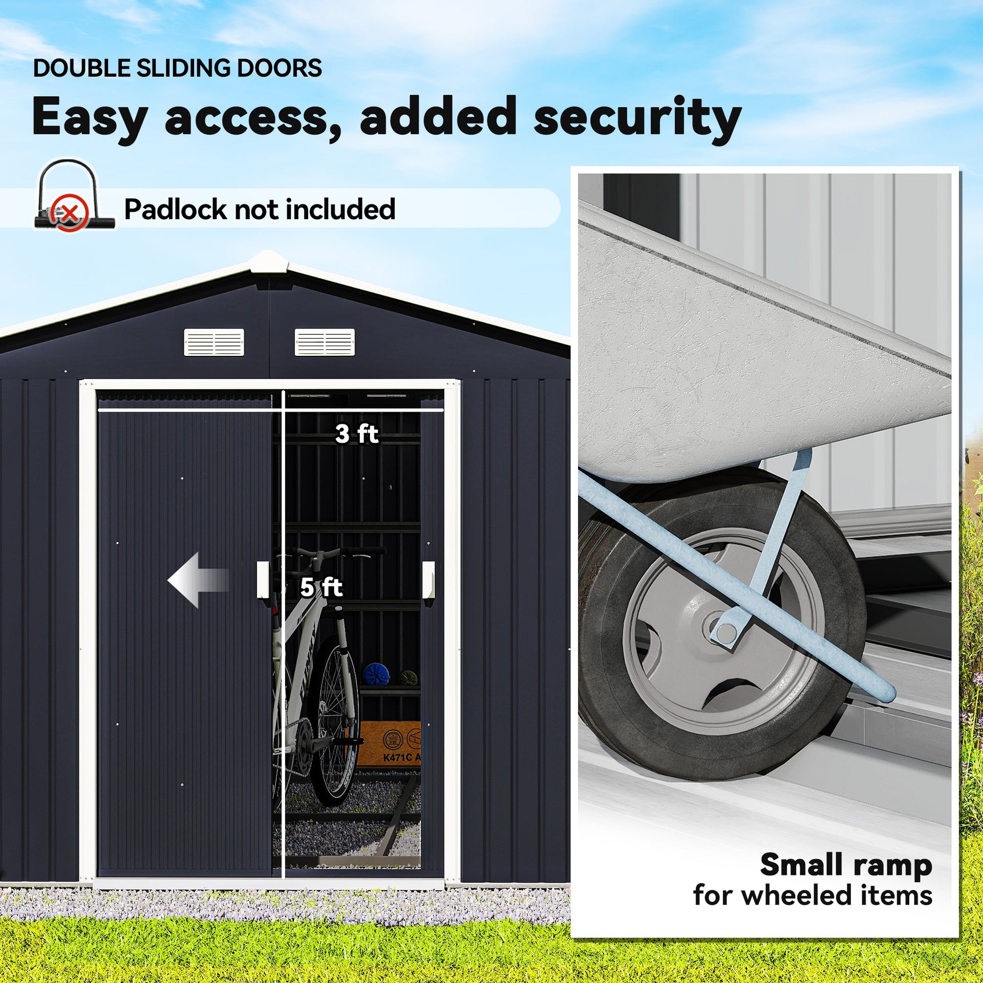 Outsunny 11' x 9' Outdoor Storage Shed, Garden Tool Metal Shed with Foundation Kit, Double Lockable Door, Air Vents and Sloping Roof, for Backyard, Patio, Lawn, Dark Gray