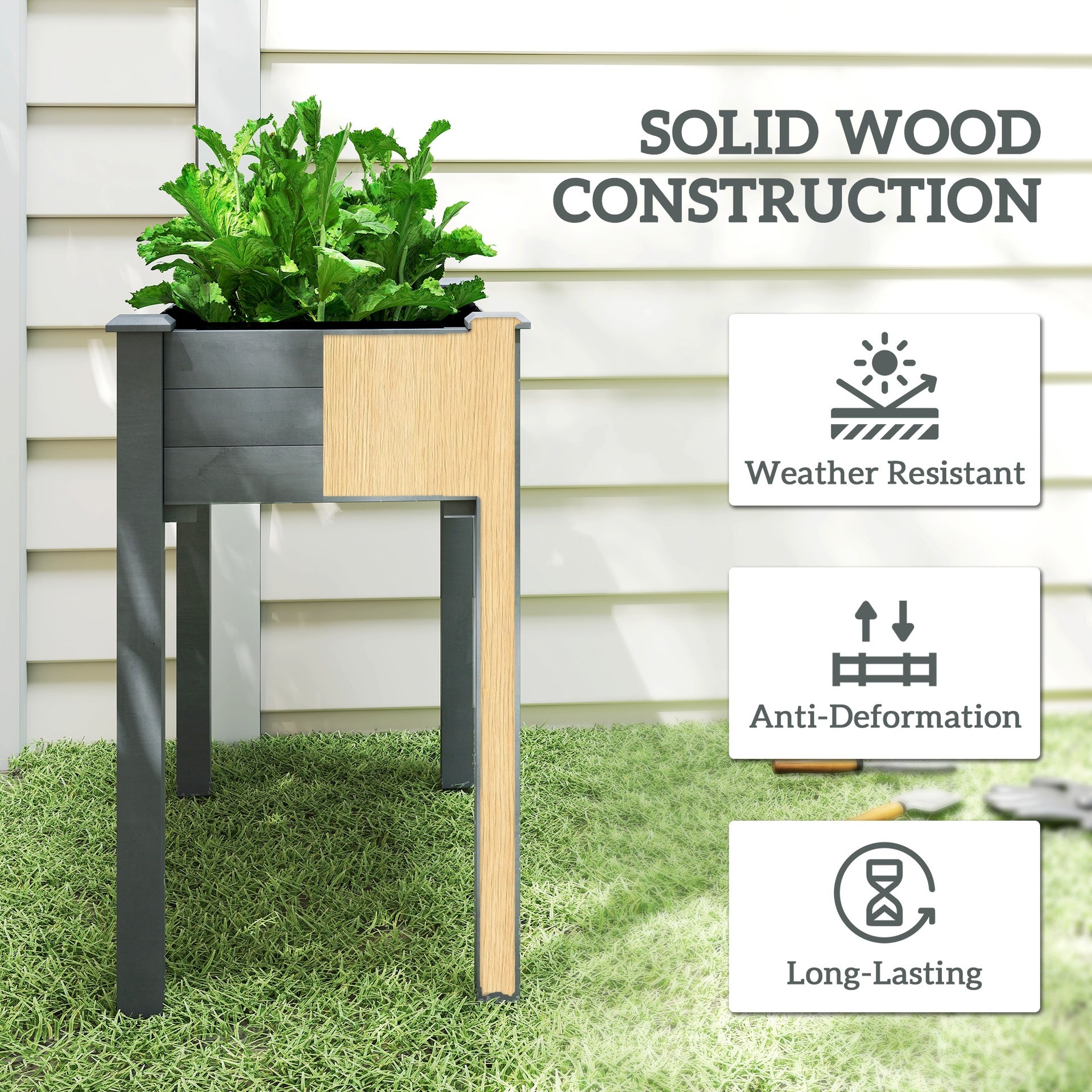 Outsunny 34" Raised Garden Bed, Elevated Wooden Planter Box with Holes for Vegetables, Herb, Flowers for Backyard, Dark Gray