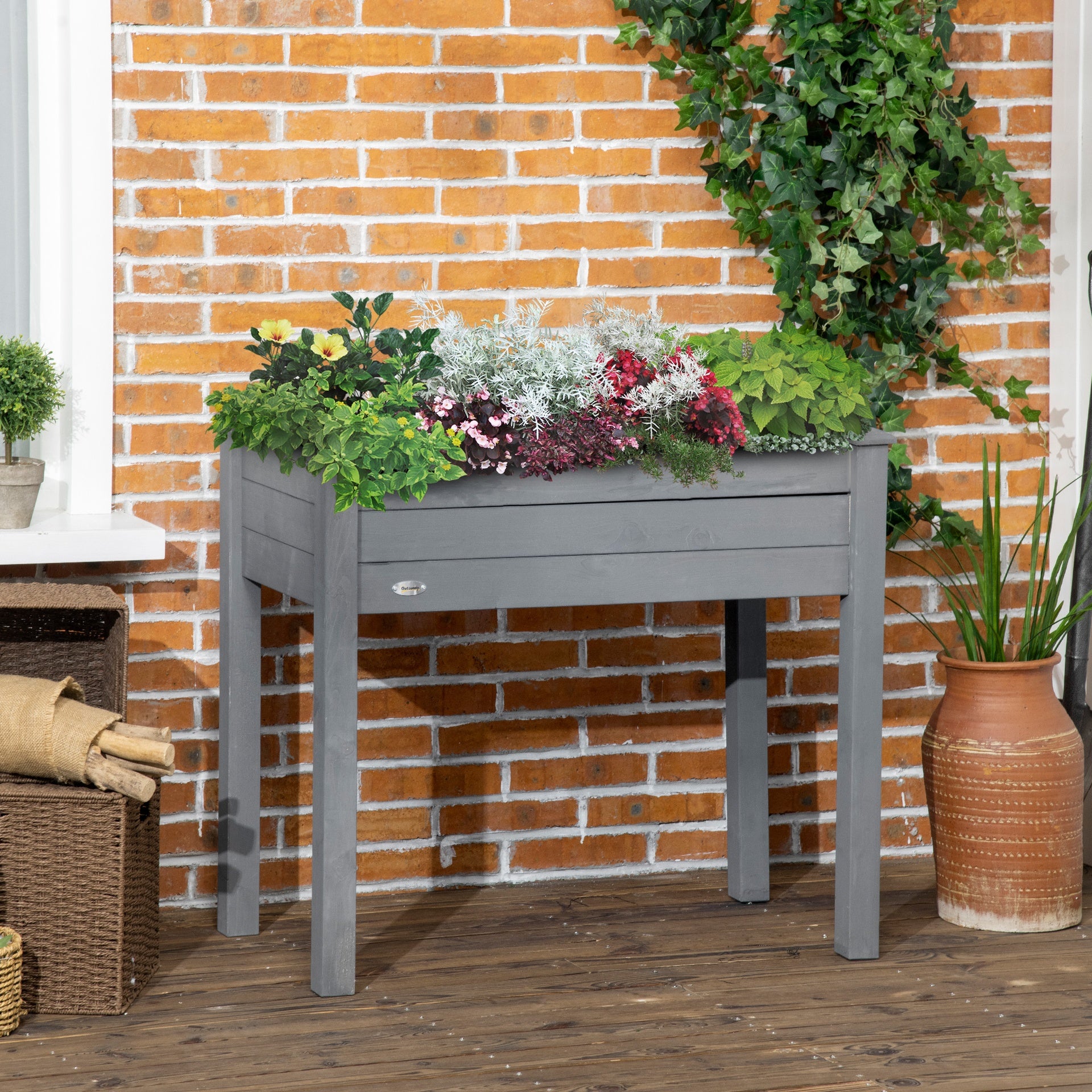 Outsunny 34" Raised Garden Bed, Elevated Wooden Planter Box with Holes for Vegetables, Herb, Flowers for Backyard, Dark Gray
