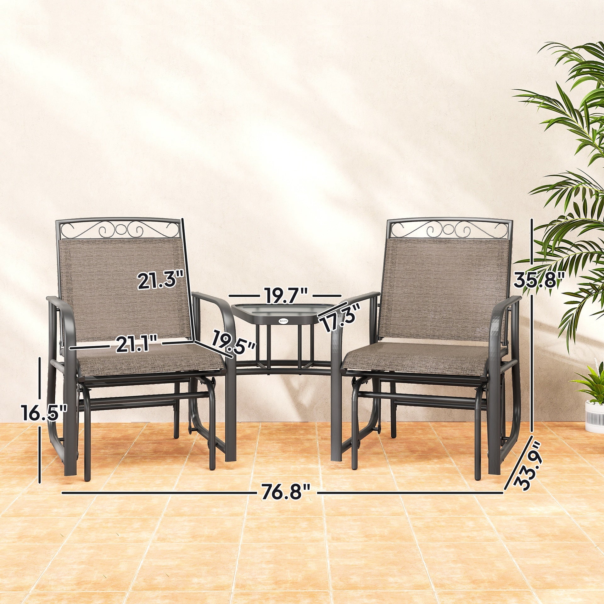 Outsunny Outdoor Glider Chairs with Coffee Table, Patio 2-Seat Rocking Chair Swing with Breathable Sling for Backyard, Garden and Porch, Brown