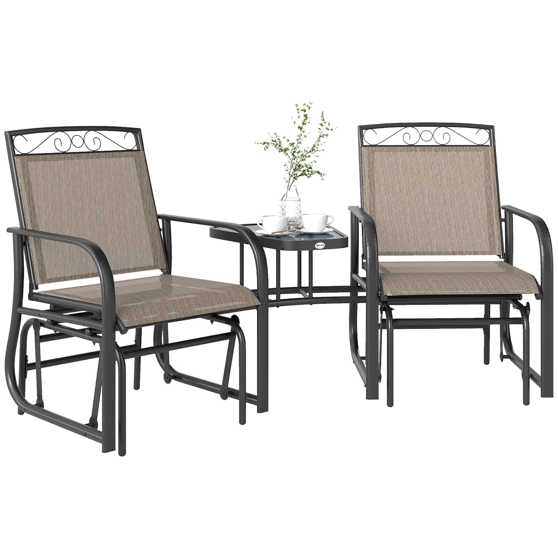 Outsunny Outdoor Glider Chairs with Coffee Table, Patio 2-Seat Rocking Chair Swing with Breathable Sling for Backyard, Garden and Porch, Brown