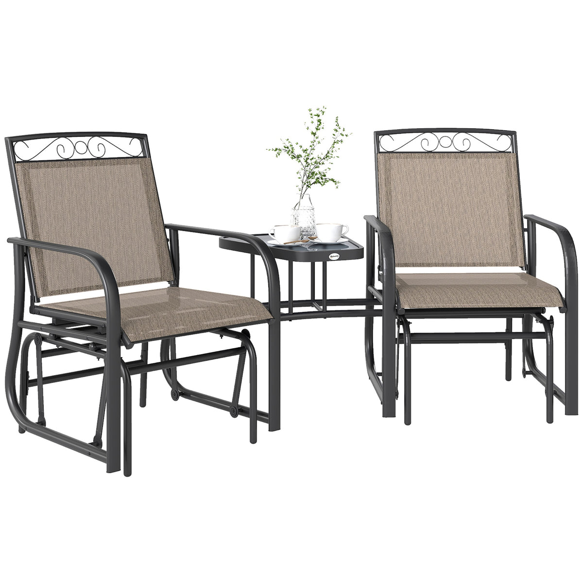 Outsunny Outdoor Glider Chairs with Coffee Table, Patio 2-Seat Rocking Chair Swing with Breathable Sling for Backyard, Garden and Porch, Brown
