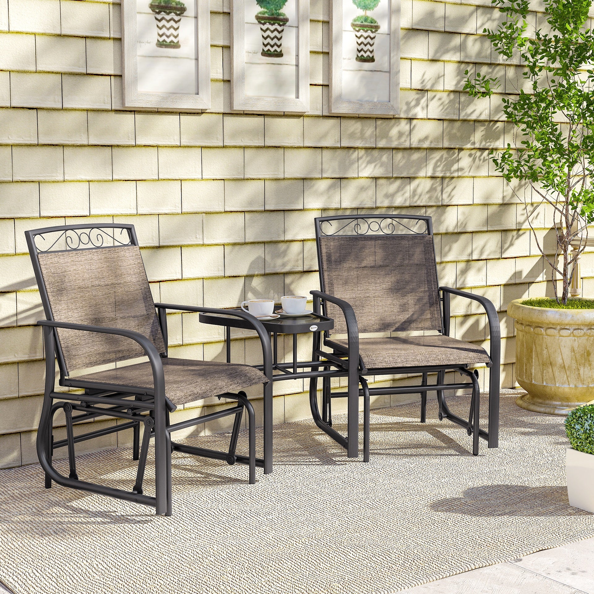 Outsunny Outdoor Glider Chairs with Coffee Table, Patio 2-Seat Rocking Chair Swing with Breathable Sling for Backyard, Garden and Porch, Brown