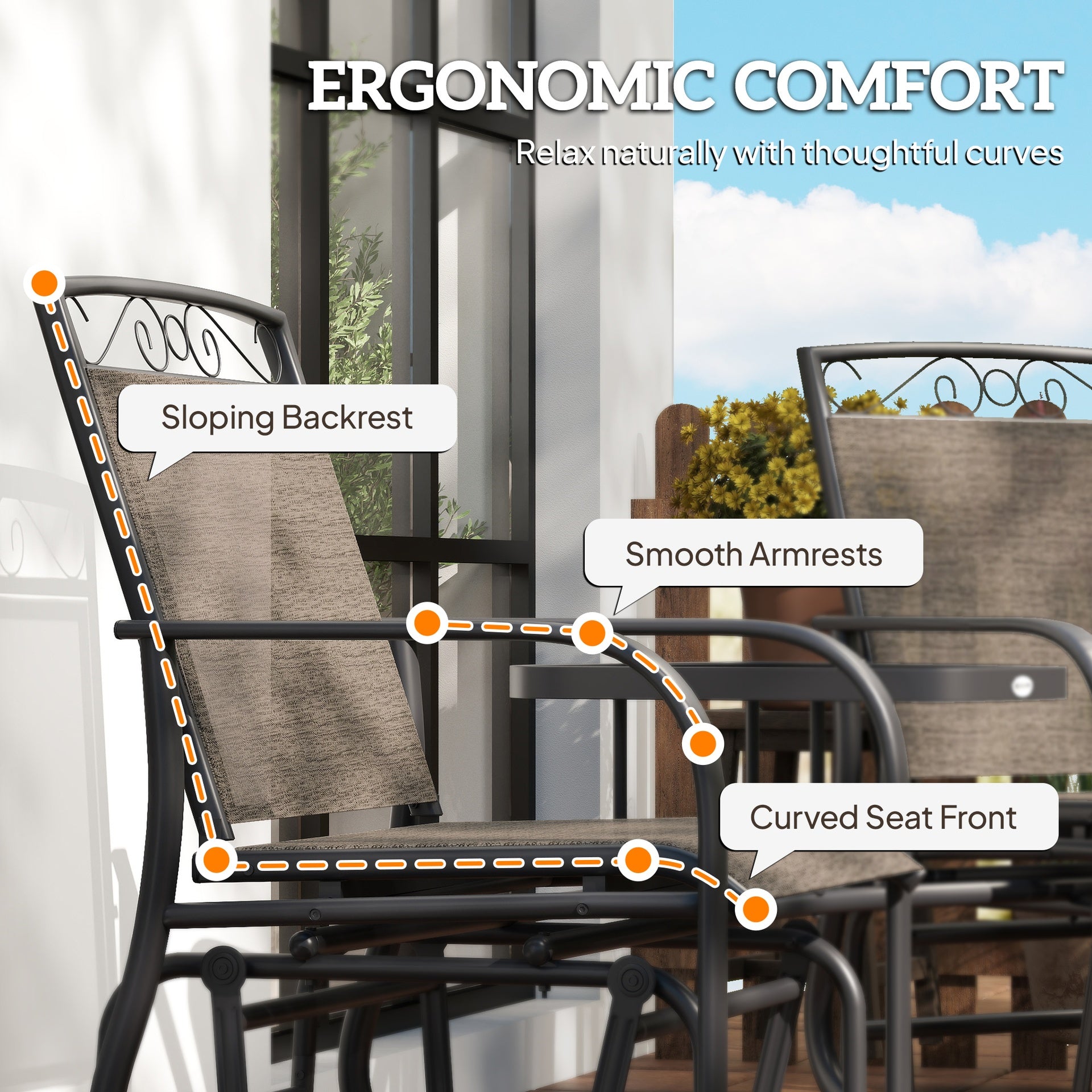 Outsunny Outdoor Glider Chairs with Coffee Table, Patio 2-Seat Rocking Chair Swing with Breathable Sling for Backyard, Garden and Porch, Brown