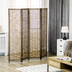 HOMCOM Hand Woven Room Divider, 4 Panel Folding Privacy Screen, Indoor Reed Partition Wall, 63"x67"x0.75", Brown