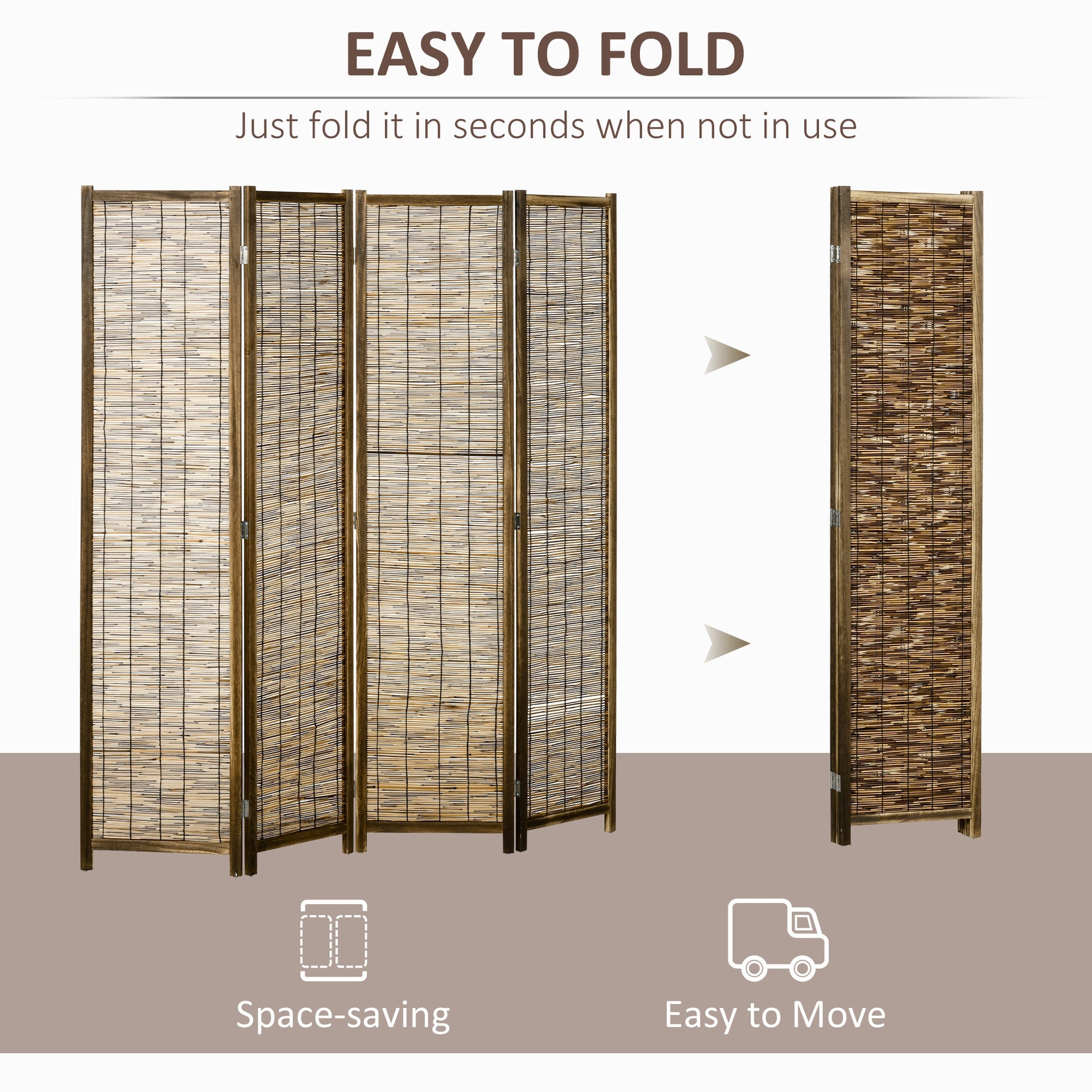 HOMCOM Hand Woven Room Divider, 4 Panel Folding Privacy Screen, Indoor Reed Partition Wall, 63"x67"x0.75", Brown