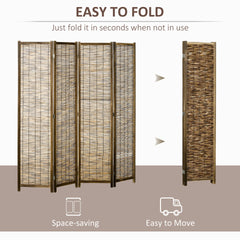 HOMCOM Hand Woven Room Divider, 4 Panel Folding Privacy Screen, Indoor Reed Partition Wall, 63"x67"x0.75", Brown