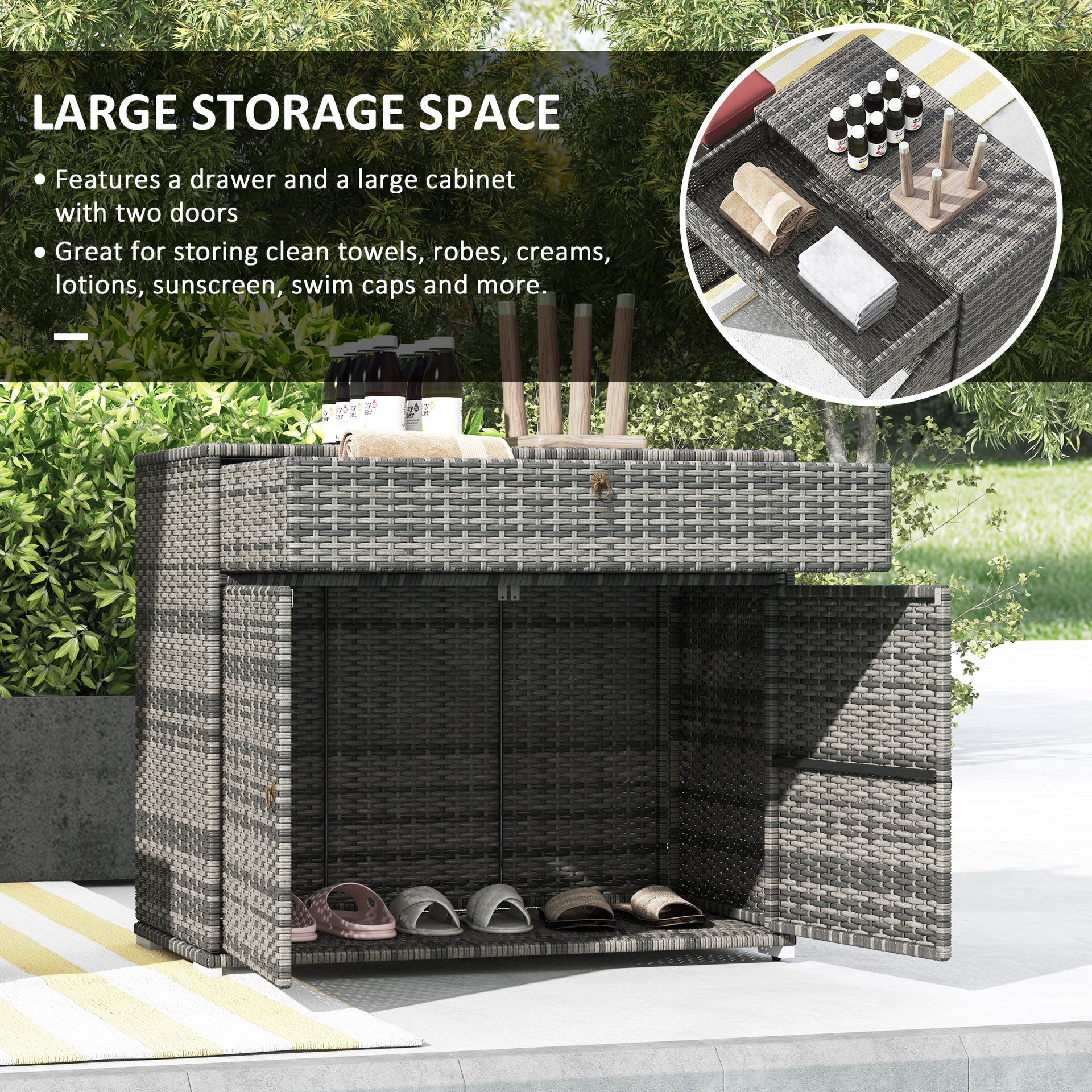 Outsunny Outdoor Storage Cabinet, Waterproof PE Rattan Cabinet with Drawer for Indoor, Outdoor Swimming Pool, Gray
