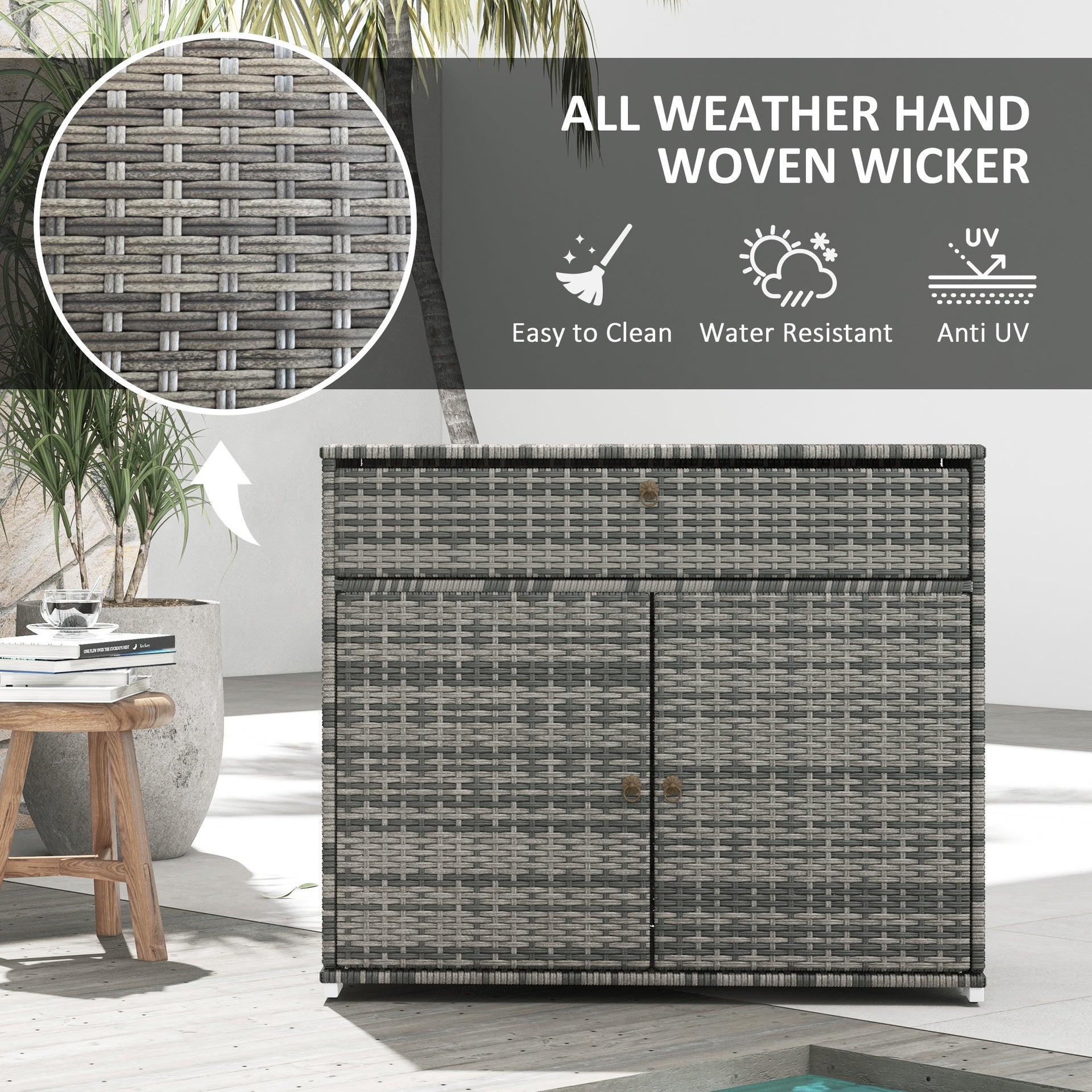 Outsunny Outdoor Storage Cabinet, Waterproof PE Rattan Cabinet with Drawer for Indoor, Outdoor Swimming Pool, Gray
