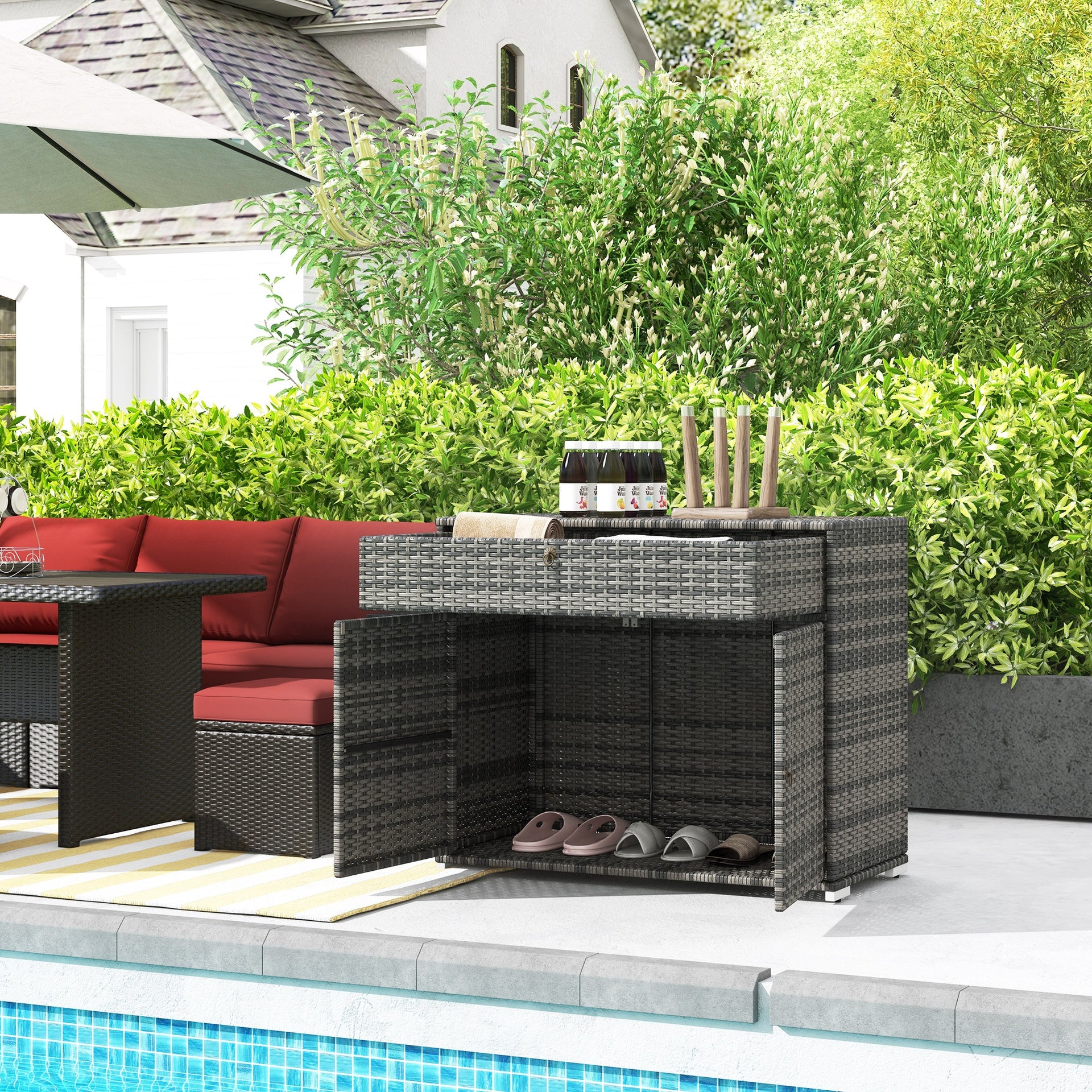 Outsunny Outdoor Storage Cabinet, Waterproof PE Rattan Cabinet with Drawer for Indoor, Outdoor Swimming Pool, Gray