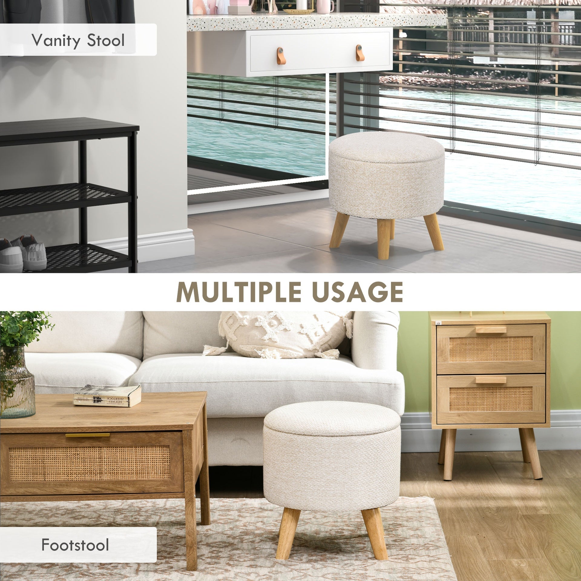 HOMCOM Round Ottoman Stool with Storage, Linen Fabric Upholstered Foot Stool with Padded Seat, Hidden Space and Wood Legs