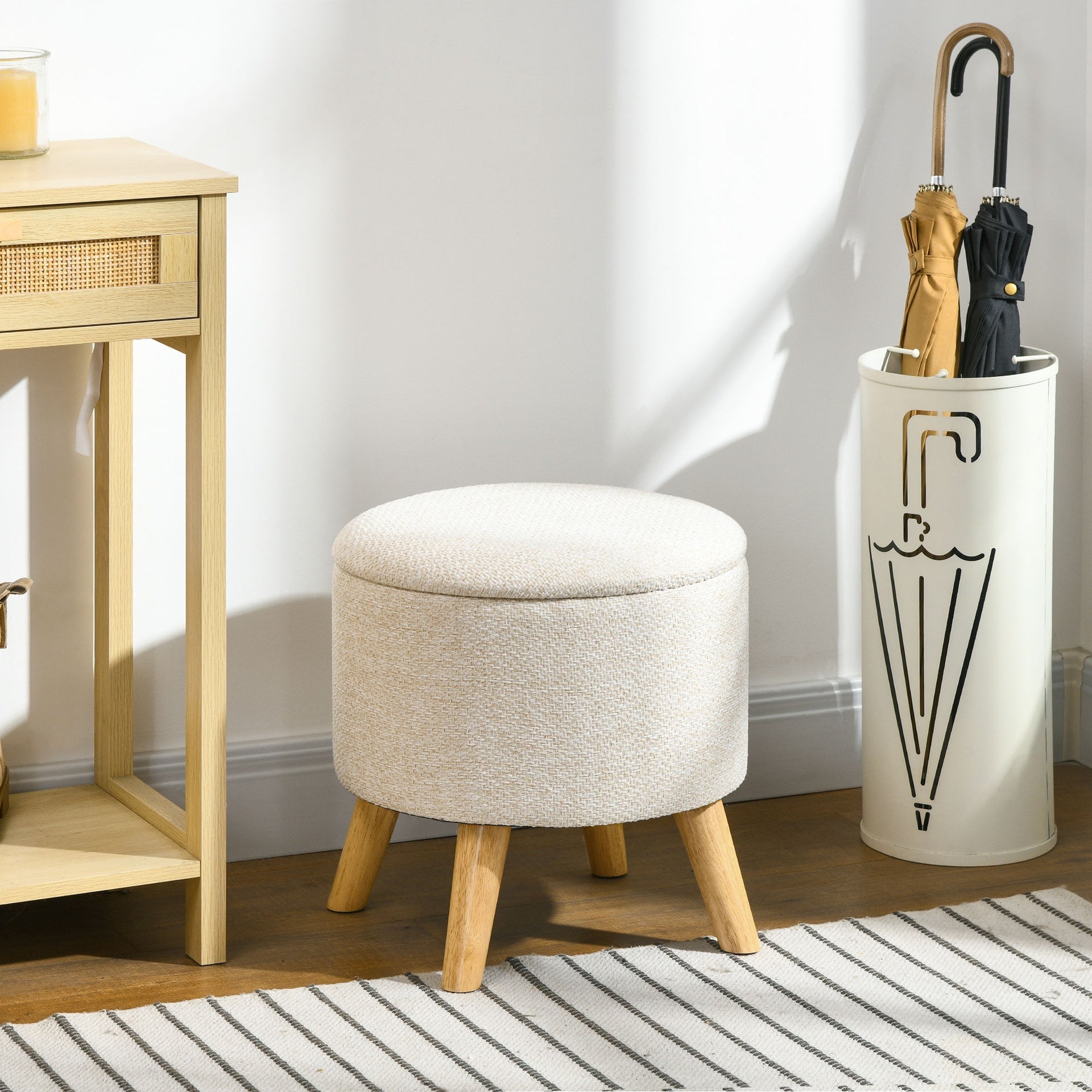 HOMCOM Round Ottoman Stool with Storage, Linen Fabric Upholstered Foot Stool with Padded Seat, Hidden Space and Wood Legs