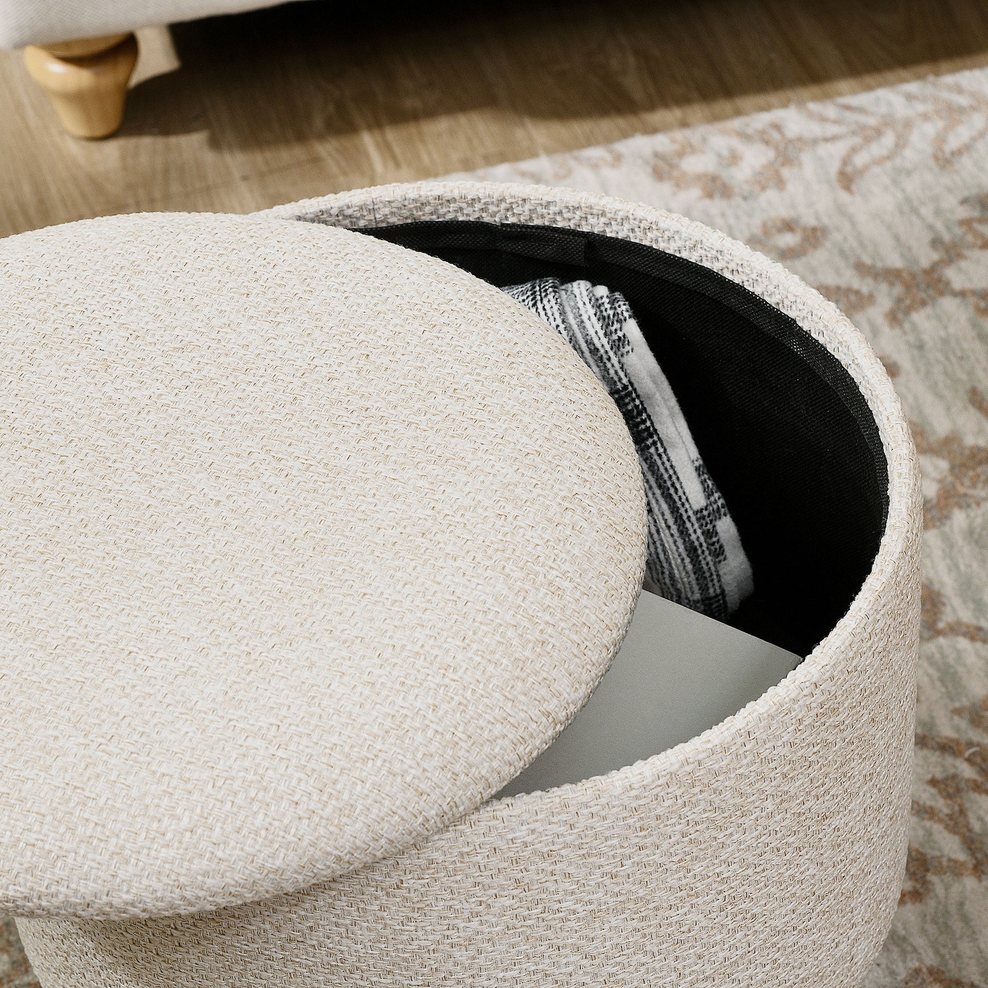 HOMCOM Round Ottoman Stool with Storage, Linen Fabric Upholstered Foot Stool with Padded Seat, Hidden Space and Wood Legs
