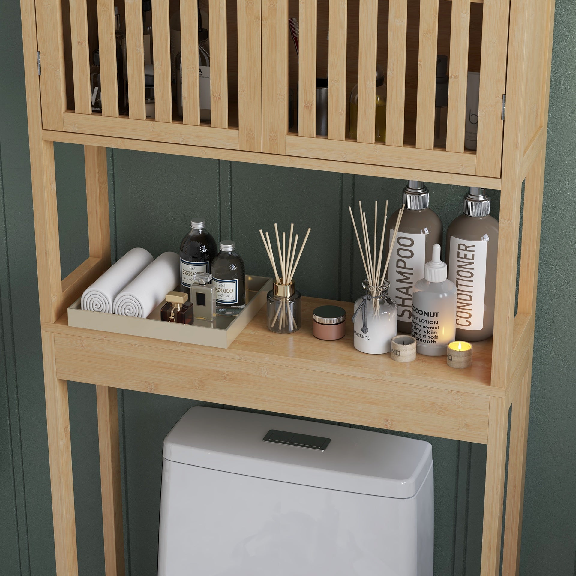 HOMCOM Over the Toilet Cabinet, Bamboo Bathroom Above Toilet Storage with Slatted Doors and Adjustable Shelf, Natural