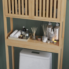 HOMCOM Over the Toilet Cabinet, Bamboo Bathroom Above Toilet Storage with Slatted Doors and Adjustable Shelf, Natural