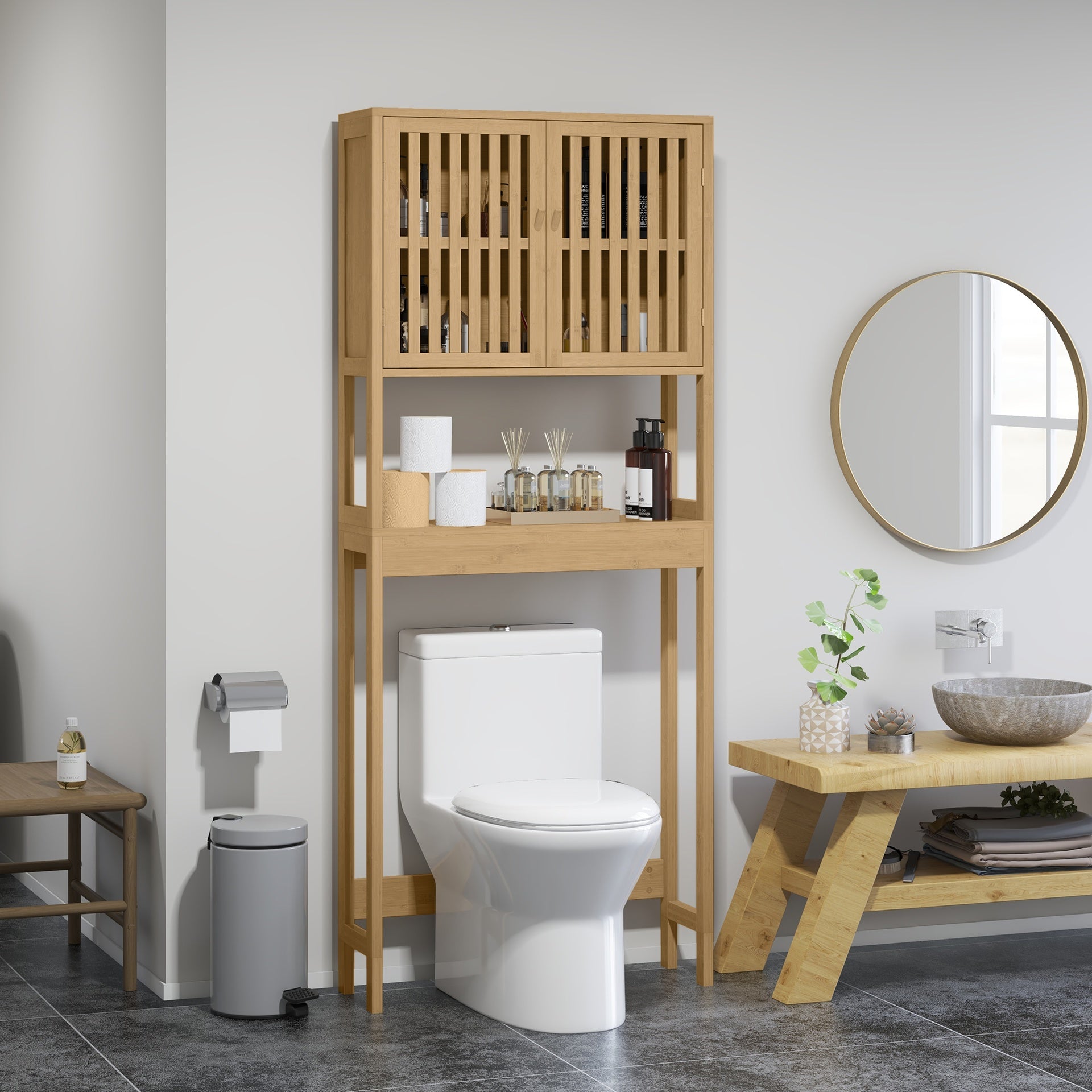 HOMCOM Over the Toilet Cabinet, Bamboo Bathroom Above Toilet Storage with Slatted Doors and Adjustable Shelf, Natural