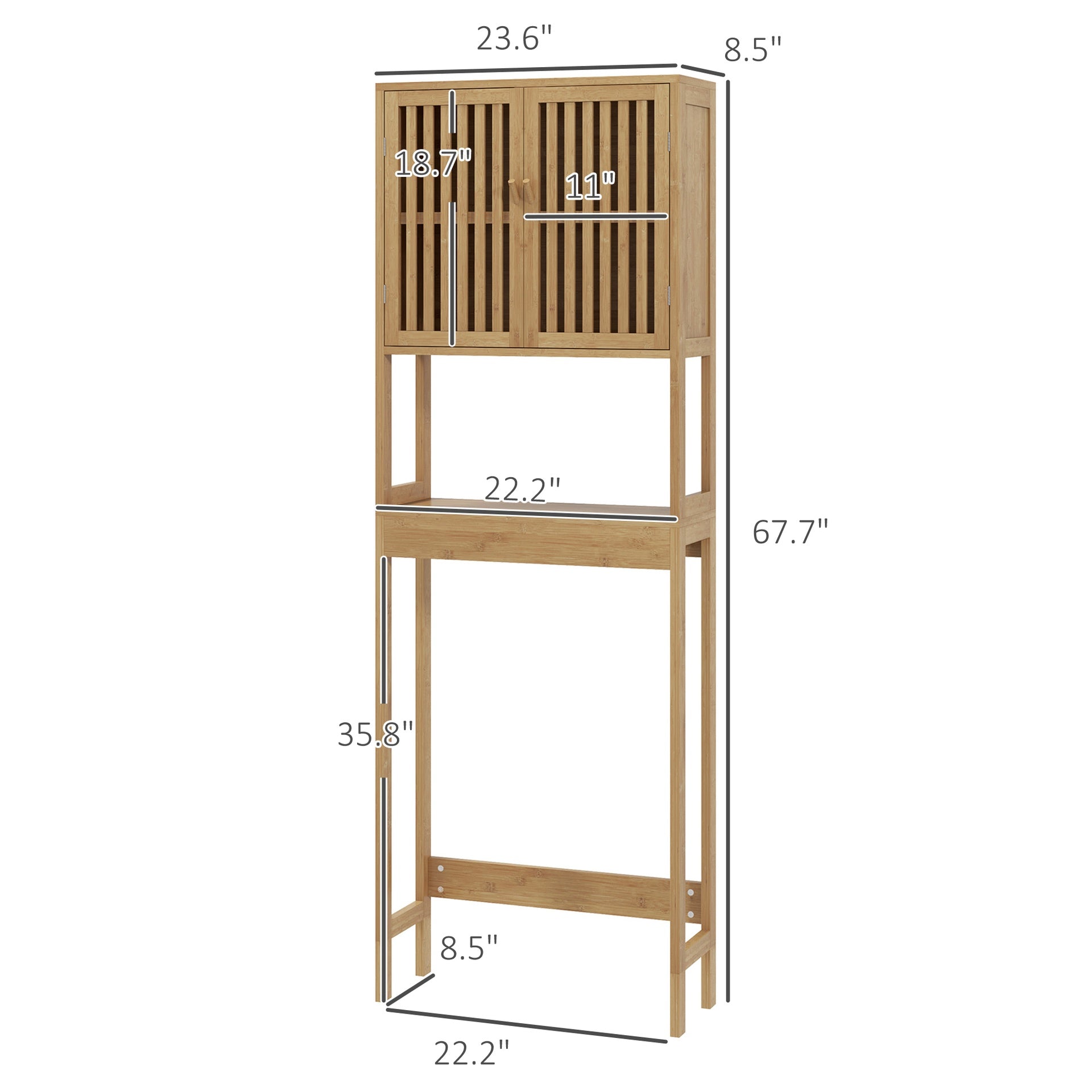 HOMCOM Over the Toilet Cabinet, Bamboo Bathroom Above Toilet Storage with Slatted Doors and Adjustable Shelf, Natural