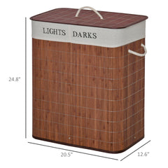 HOMCOM Bamboo Laundry Basket with Lid and String Handles, Collapsible Laundry Hamper with 2 Removable Bags, Brown