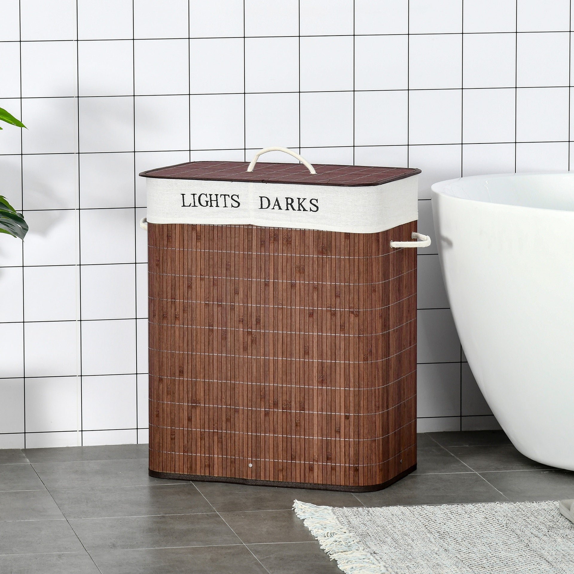 HOMCOM Bamboo Laundry Basket with Lid and String Handles, Collapsible Laundry Hamper with 2 Removable Bags, Brown