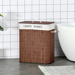 HOMCOM Bamboo Laundry Basket with Lid and String Handles, Collapsible Laundry Hamper with 2 Removable Bags, Brown