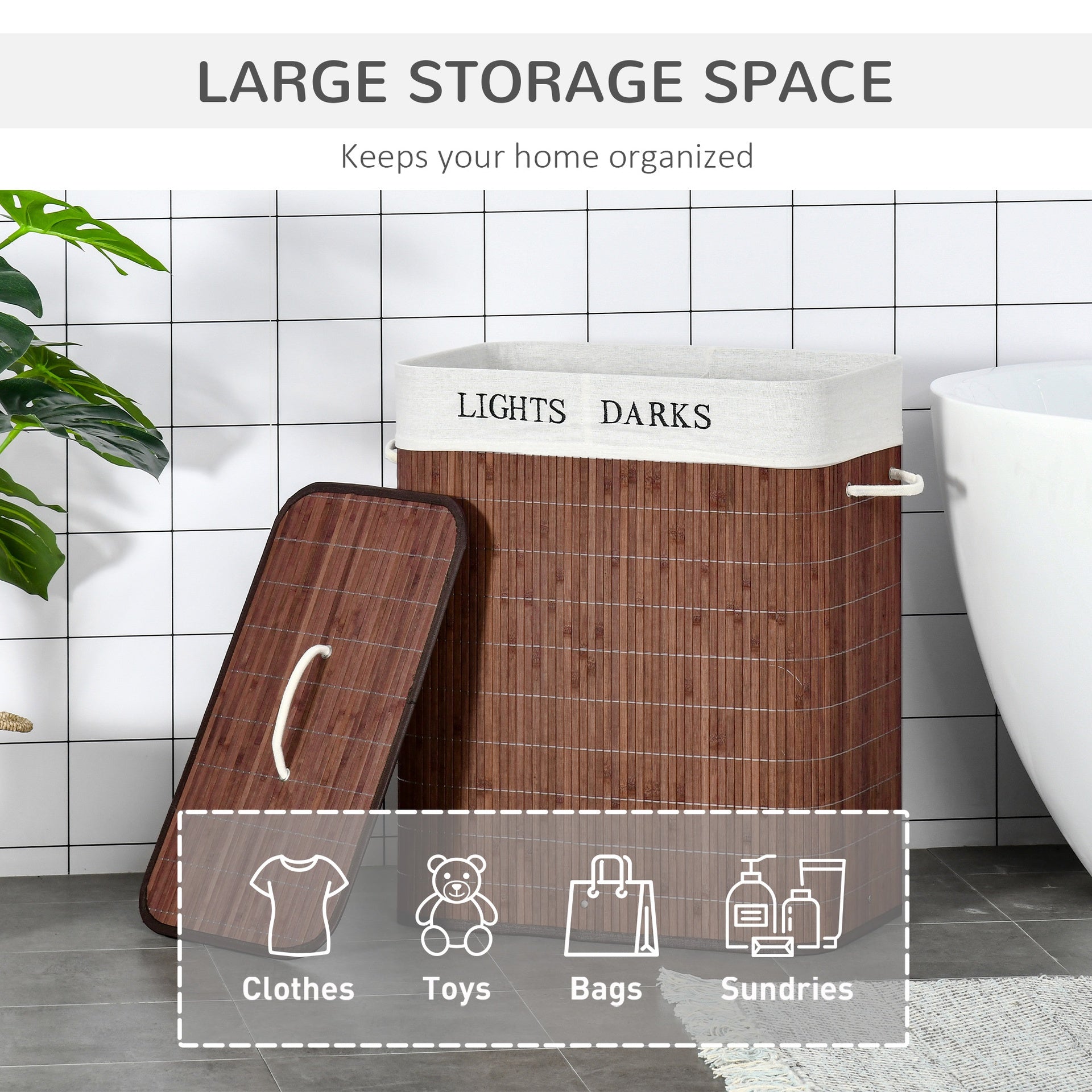 HOMCOM Bamboo Laundry Basket with Lid and String Handles, Collapsible Laundry Hamper with 2 Removable Bags, Brown