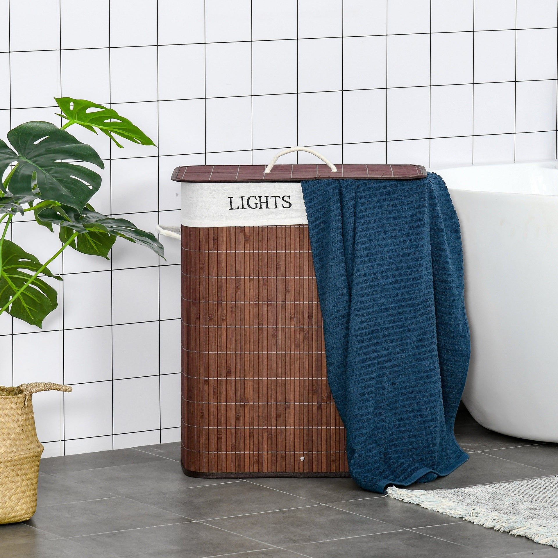 HOMCOM Bamboo Laundry Basket with Lid and String Handles, Collapsible Laundry Hamper with 2 Removable Bags, Brown