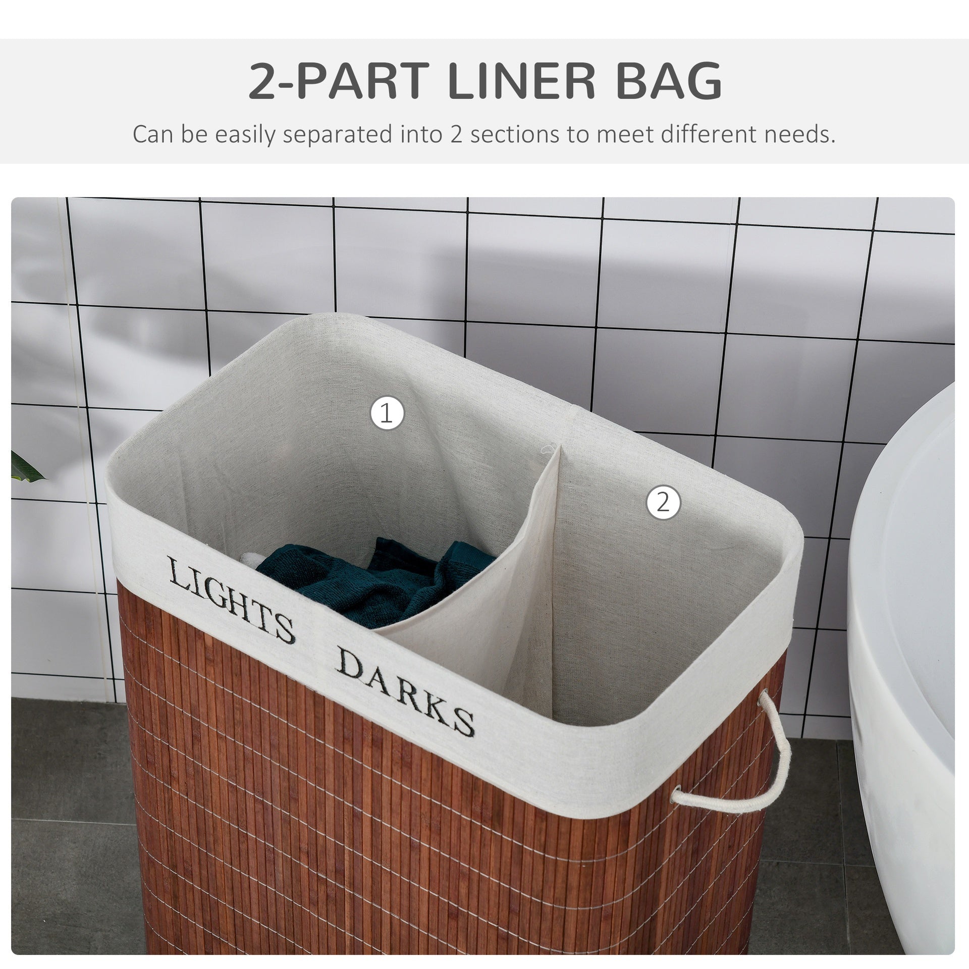 HOMCOM Bamboo Laundry Basket with Lid and String Handles, Collapsible Laundry Hamper with 2 Removable Bags, Brown