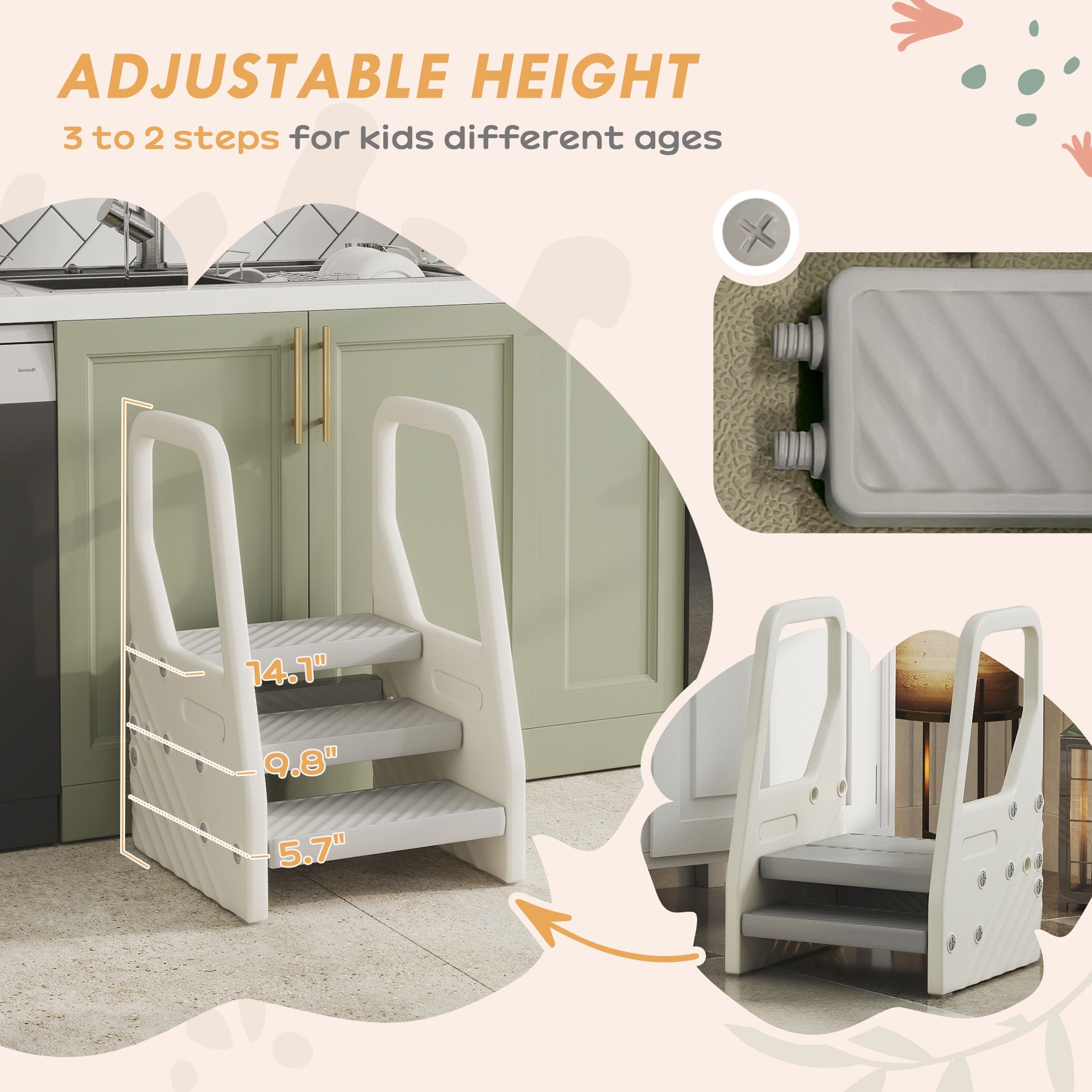 Qaba Adjustable 3 Step Toddler Tower with Handles, Non-slip Surface & Foot Pads, Gray