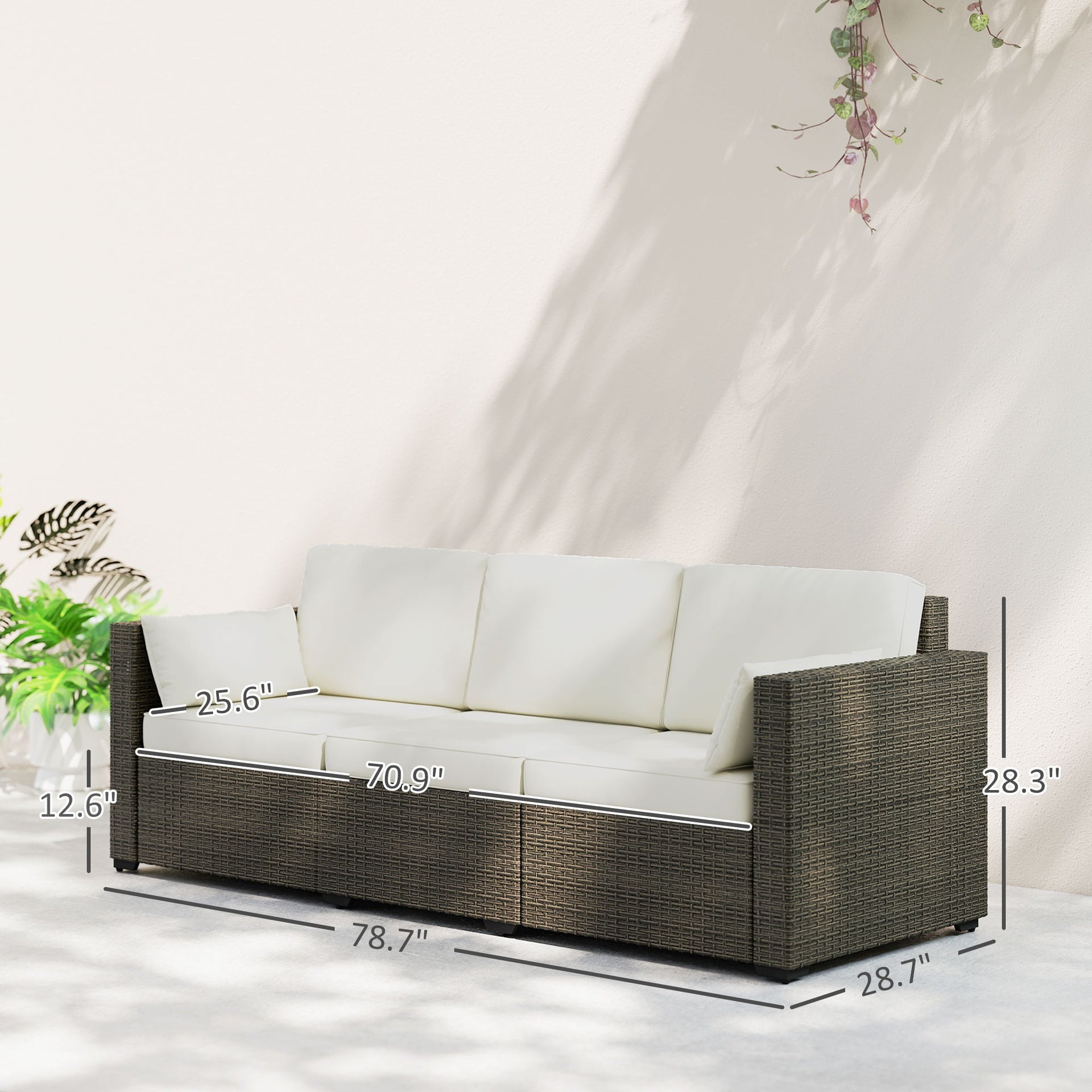 Outsunny Patio Couch PE Wicker Deep Seating Outdoor Sofa with Removable Cushions, 3 Seater Rattan Sofa, Outdoor Furniture for Balcony, Deck, Garden and Poolside, Cream White