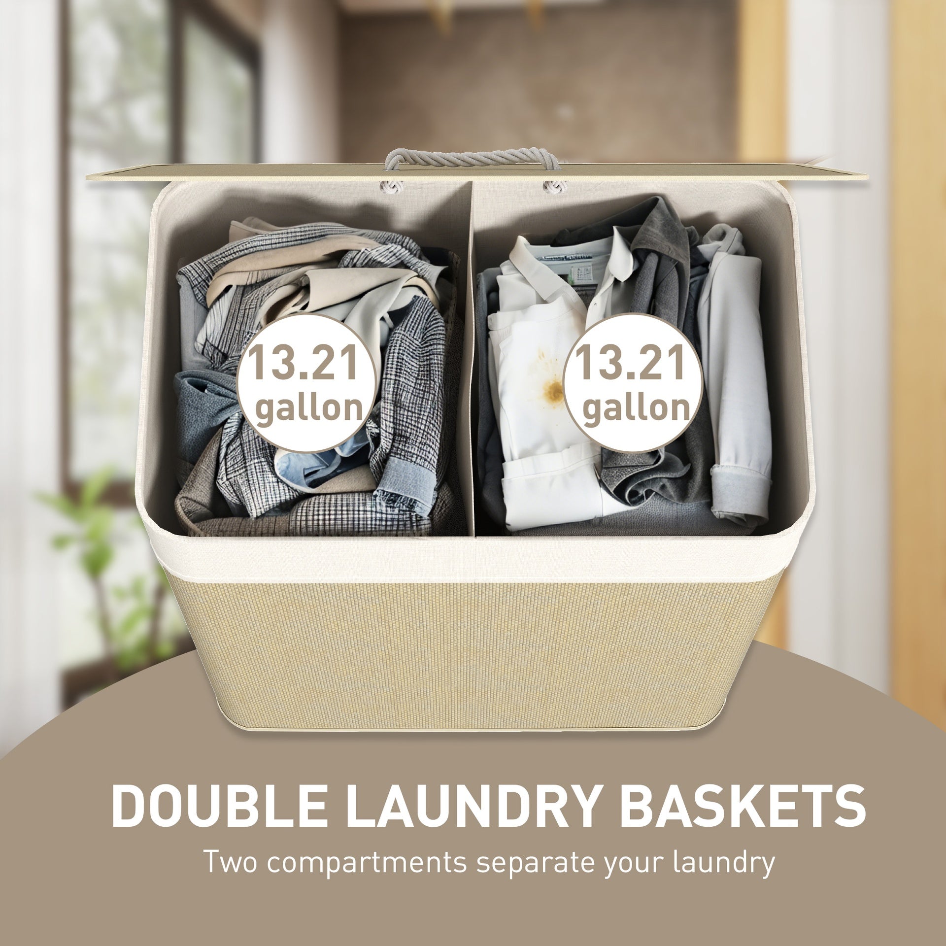HOMCOM Double Laundry Basket with Lid, 26.4 Gallon Bamboo Laundry Hamper with Rope Handles and Removable Liner, Natural