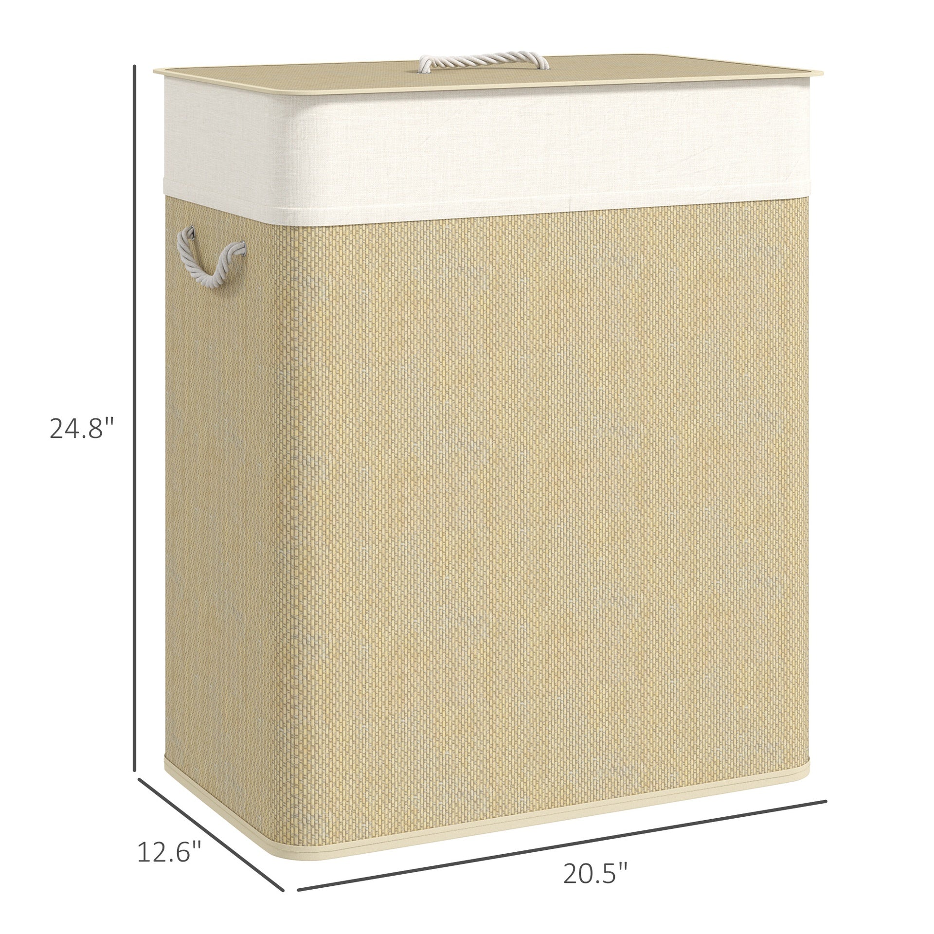 HOMCOM Double Laundry Basket with Lid, 26.4 Gallon Bamboo Laundry Hamper with Rope Handles and Removable Liner, Natural