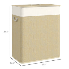 HOMCOM Double Laundry Basket with Lid, 26.4 Gallon Bamboo Laundry Hamper with Rope Handles and Removable Liner, Natural