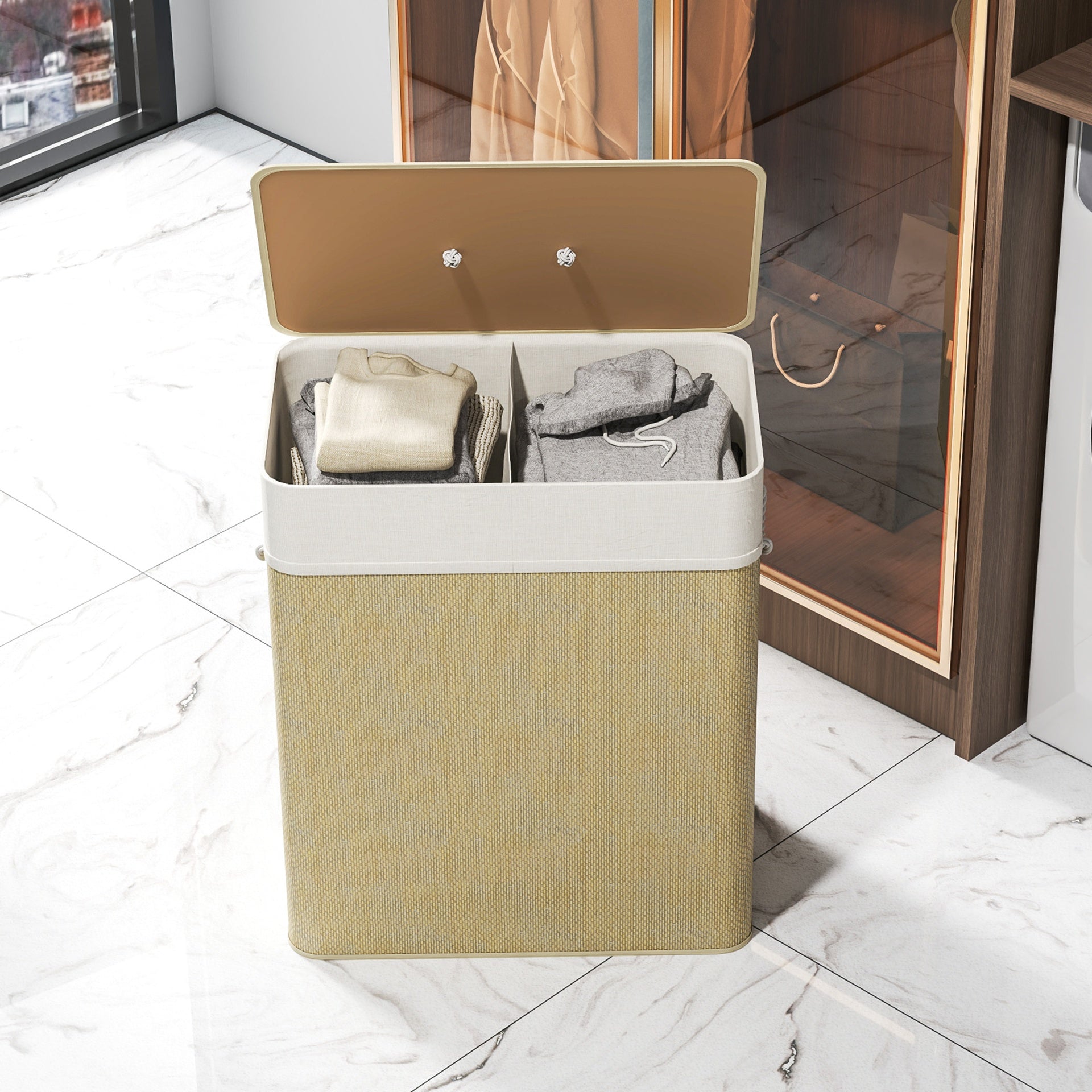 HOMCOM Double Laundry Basket with Lid, 26.4 Gallon Bamboo Laundry Hamper with Rope Handles and Removable Liner, Natural