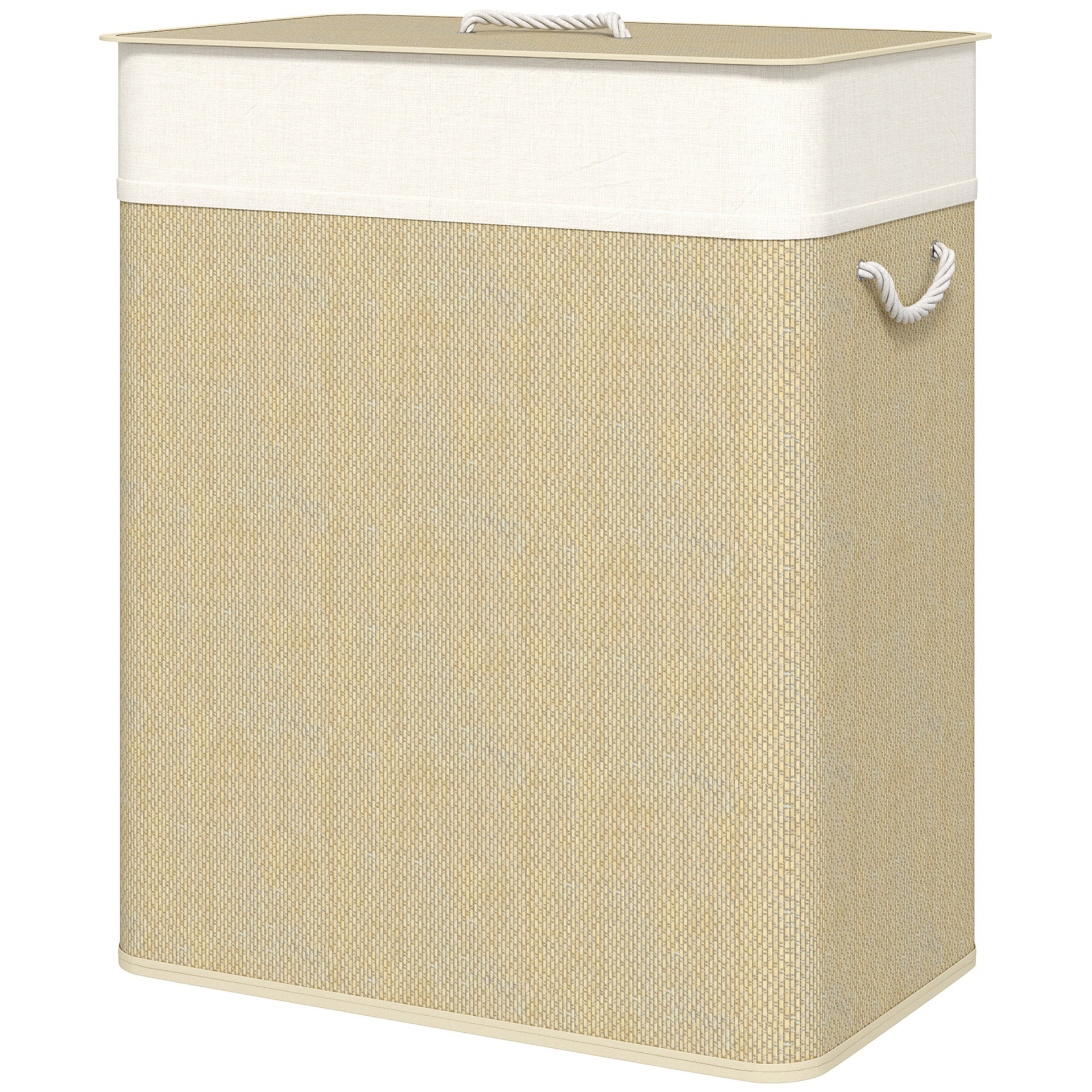 HOMCOM Double Laundry Basket with Lid, 26.4 Gallon Bamboo Laundry Hamper with Rope Handles and Removable Liner, Natural