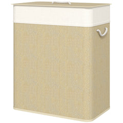 HOMCOM Double Laundry Basket with Lid, 26.4 Gallon Bamboo Laundry Hamper with Rope Handles and Removable Liner, Natural