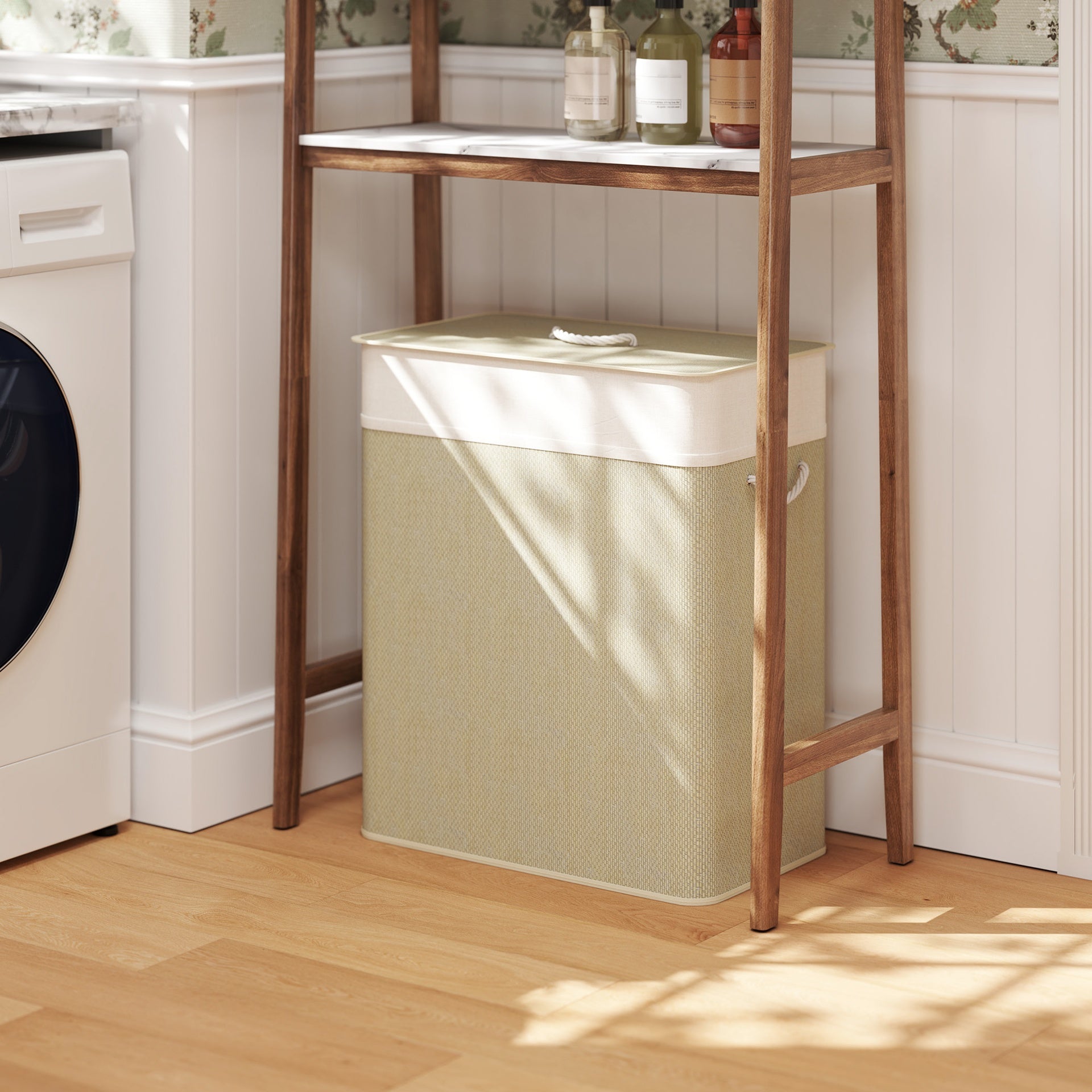 HOMCOM Double Laundry Basket with Lid, 26.4 Gallon Bamboo Laundry Hamper with Rope Handles and Removable Liner, Natural
