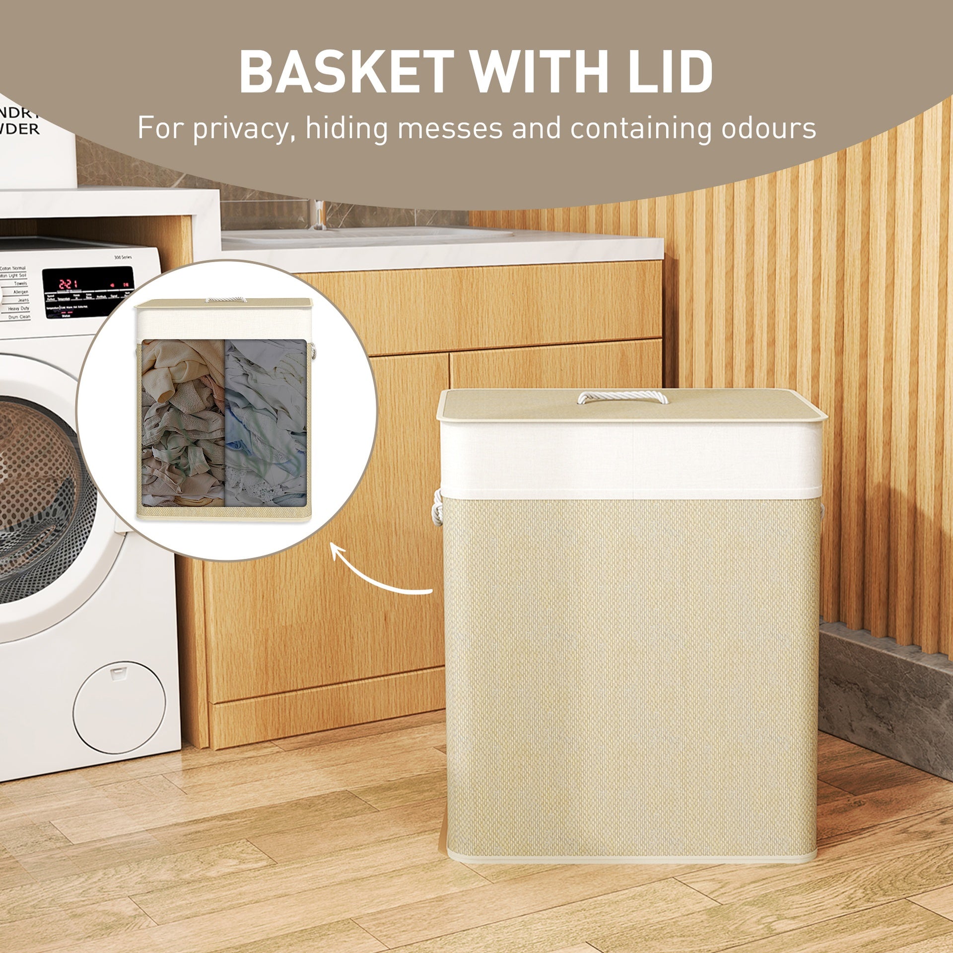 HOMCOM Double Laundry Basket with Lid, 26.4 Gallon Bamboo Laundry Hamper with Rope Handles and Removable Liner, Natural