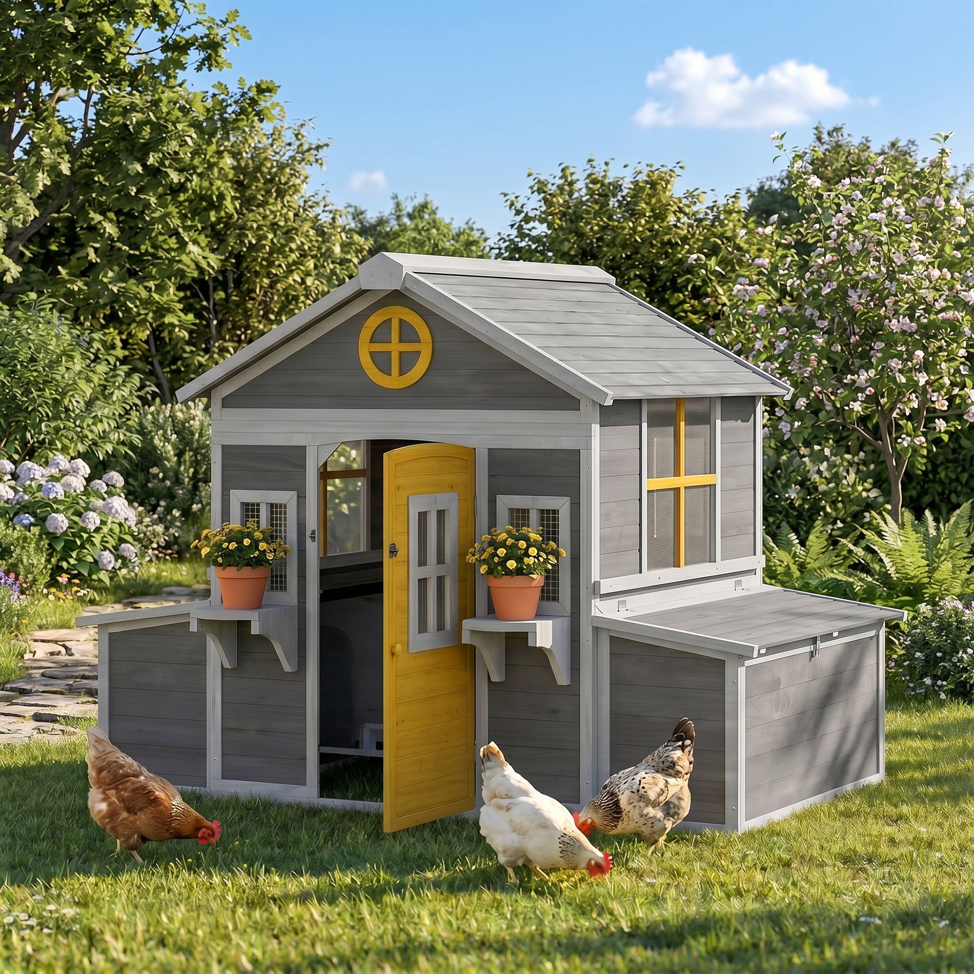 PawHut Wooden Chicken Coop, Hen House for 2-4 Hens, Outdoor Playhouse Poultry Cage with Nesting Boxes, Waterproof Roof, Windows