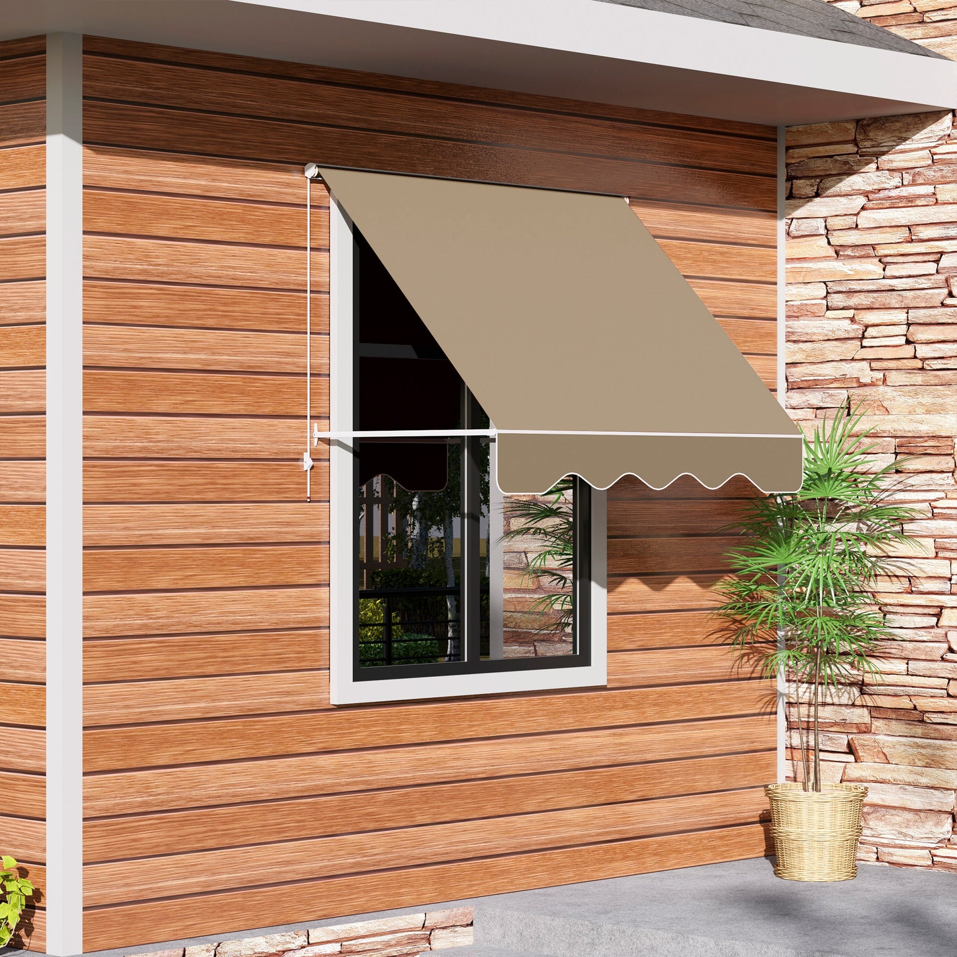 Outsunny 6' Drop Arm Manual Retractable Window Awning Sun Shade Shelter for Patio Balcony Outdoor, Aluminum, Can Cover 2 Windows, Cream White