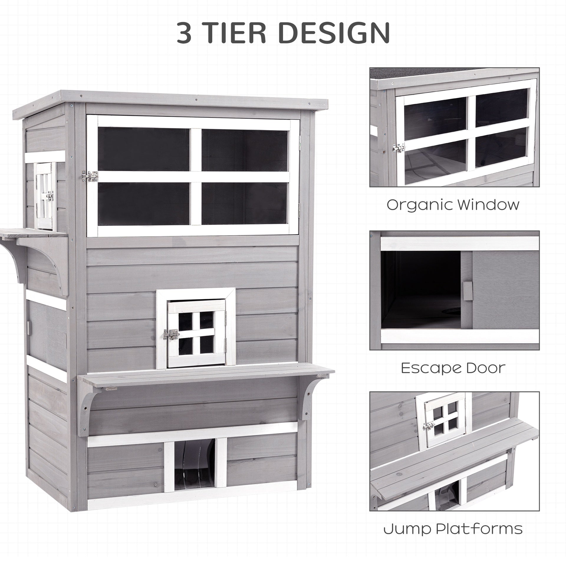 PawHut Outdoor Cat House, 3-Tier Kitty Shelter with 5 Escape Doors, Weather Resistant, Gray & White