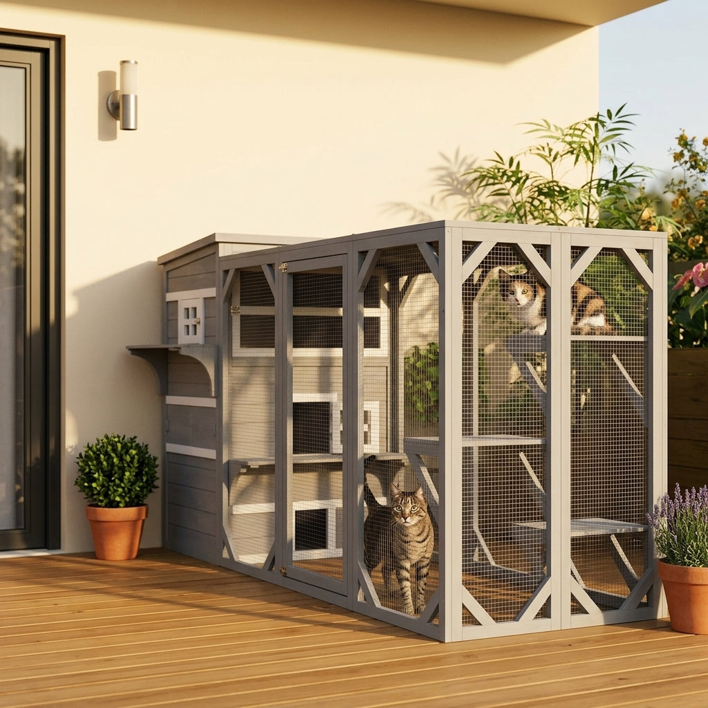 PawHut Outdoor Cat House, 3-Tier Kitty Shelter with 5 Escape Doors, Weather Resistant, Gray & White