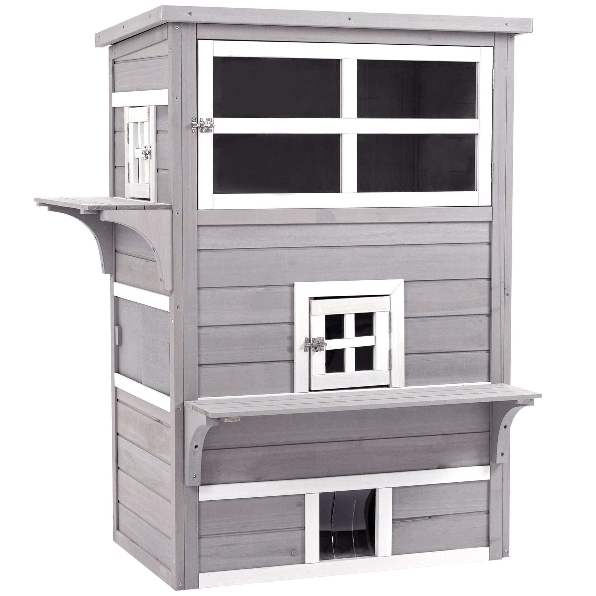 PawHut Outdoor Cat House, 3-Tier Kitty Shelter with 5 Escape Doors, Weather Resistant, Gray & White