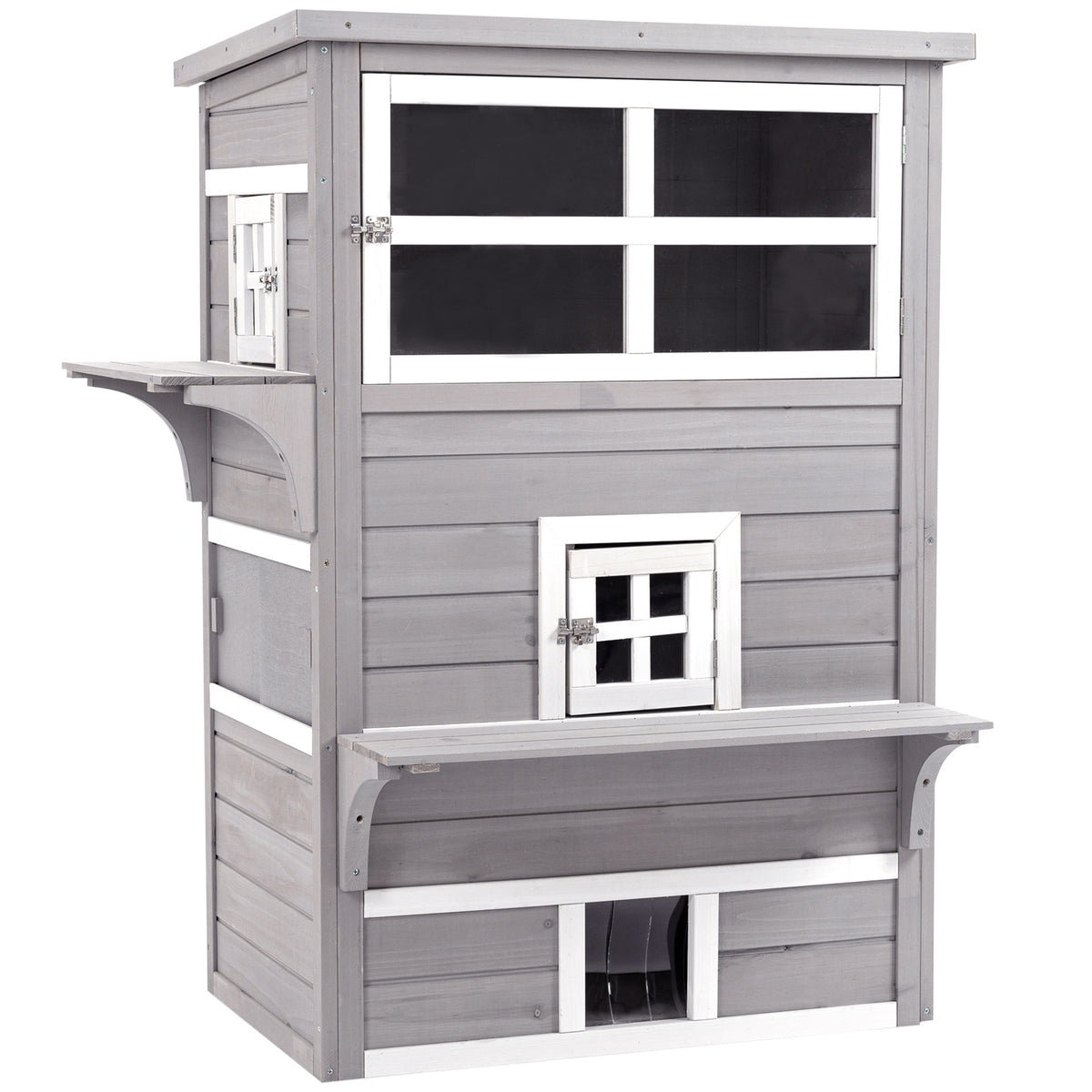PawHut Outdoor Cat House, 3-Tier Kitty Shelter with 5 Escape Doors, Weather Resistant, Gray & White