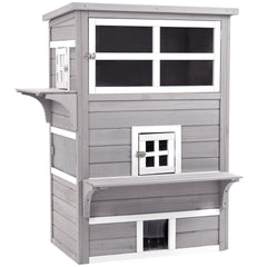 PawHut Outdoor Cat House, 3-Tier Kitty Shelter with 5 Escape Doors, Weather Resistant, Gray & White