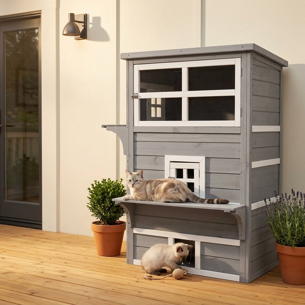 PawHut Outdoor Cat House, 3-Tier Kitty Shelter with 5 Escape Doors, Weather Resistant, Gray & White