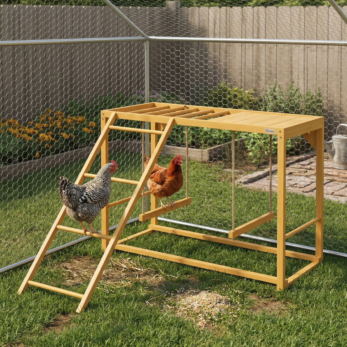 PawHut Wooden Chicken Activity Play w/ Swing Set, Chicken Coop Toy, Natural