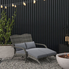 Outsunny Wicker Adirondack Chair for 2 with Cushions & Footrests, PE Rattan Double Chaise Lounge Chair, Fire Pit Chair for Porch with High-back, Wide Armrests, Mixed Gray