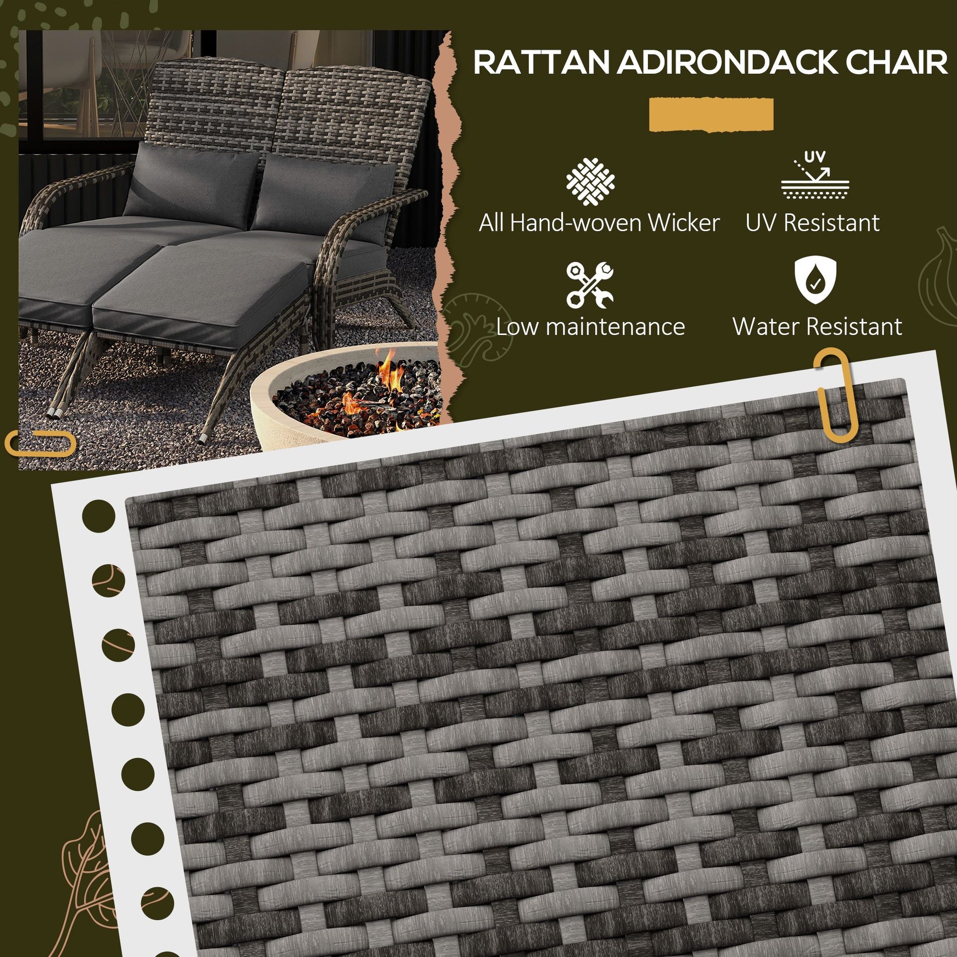 Outsunny Wicker Adirondack Chair for 2 with Cushions & Footrests, PE Rattan Double Chaise Lounge Chair, Fire Pit Chair for Porch with High-back, Wide Armrests, Mixed Gray