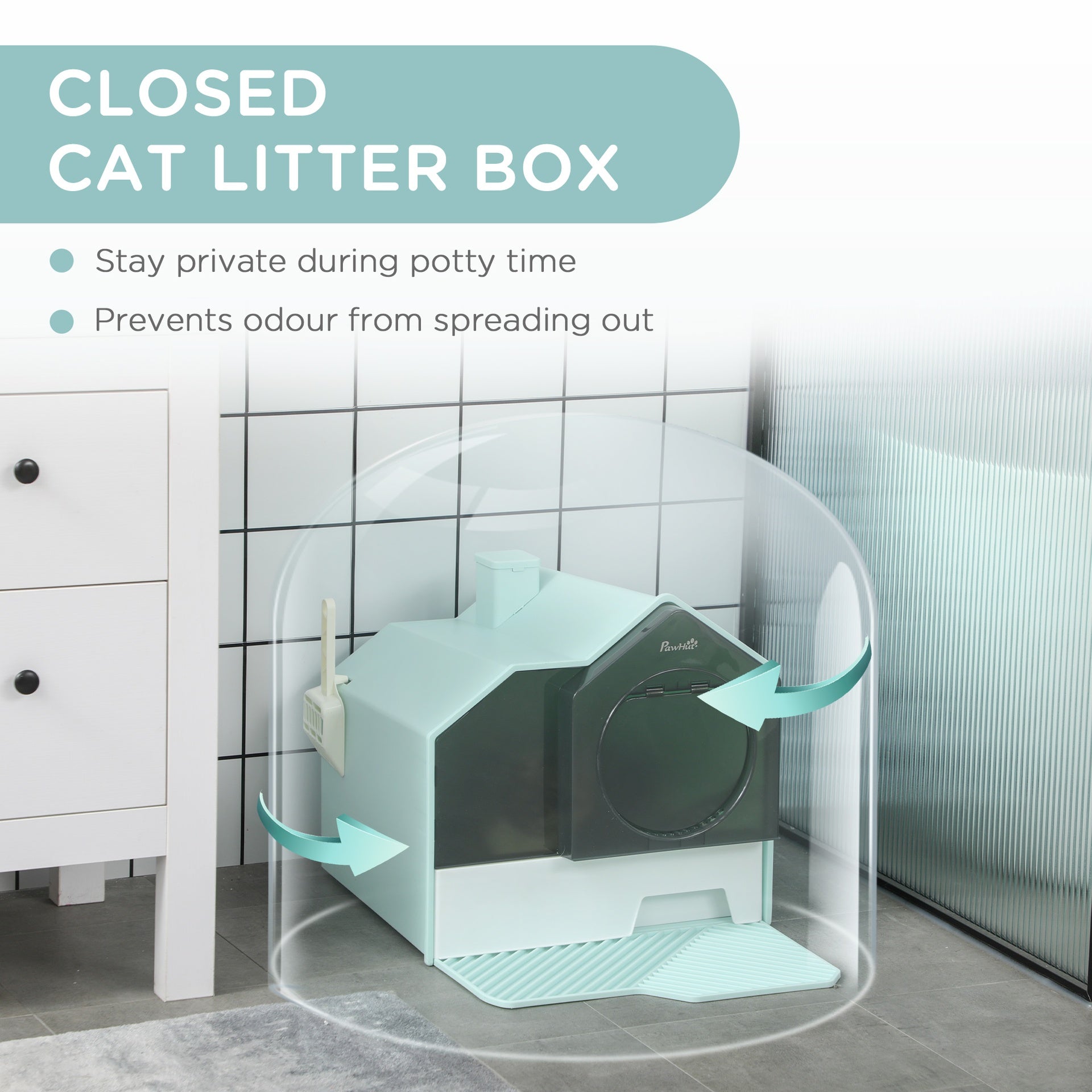PawHut Hooded Cat Litter Box w/ Litter Mat, Litter Particle Catching, Light Blue
