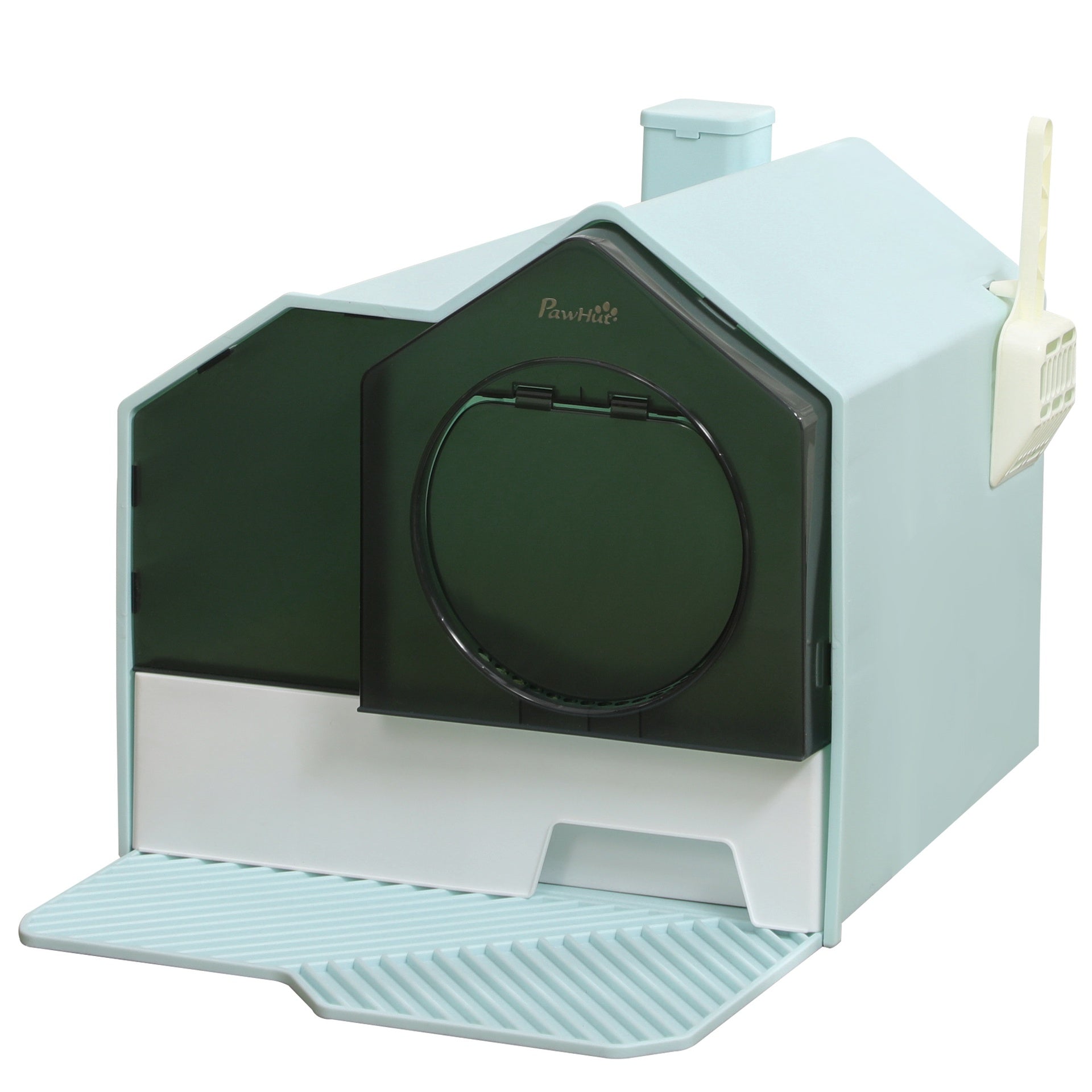 PawHut Hooded Cat Litter Box w/ Litter Mat, Litter Particle Catching, Light Blue